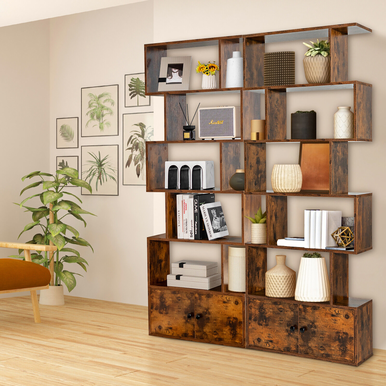 2 PCS Bookshelf W/ Cabinet 6-Tier S-Shaped Bookcase Storage Rack Rustic Brown
