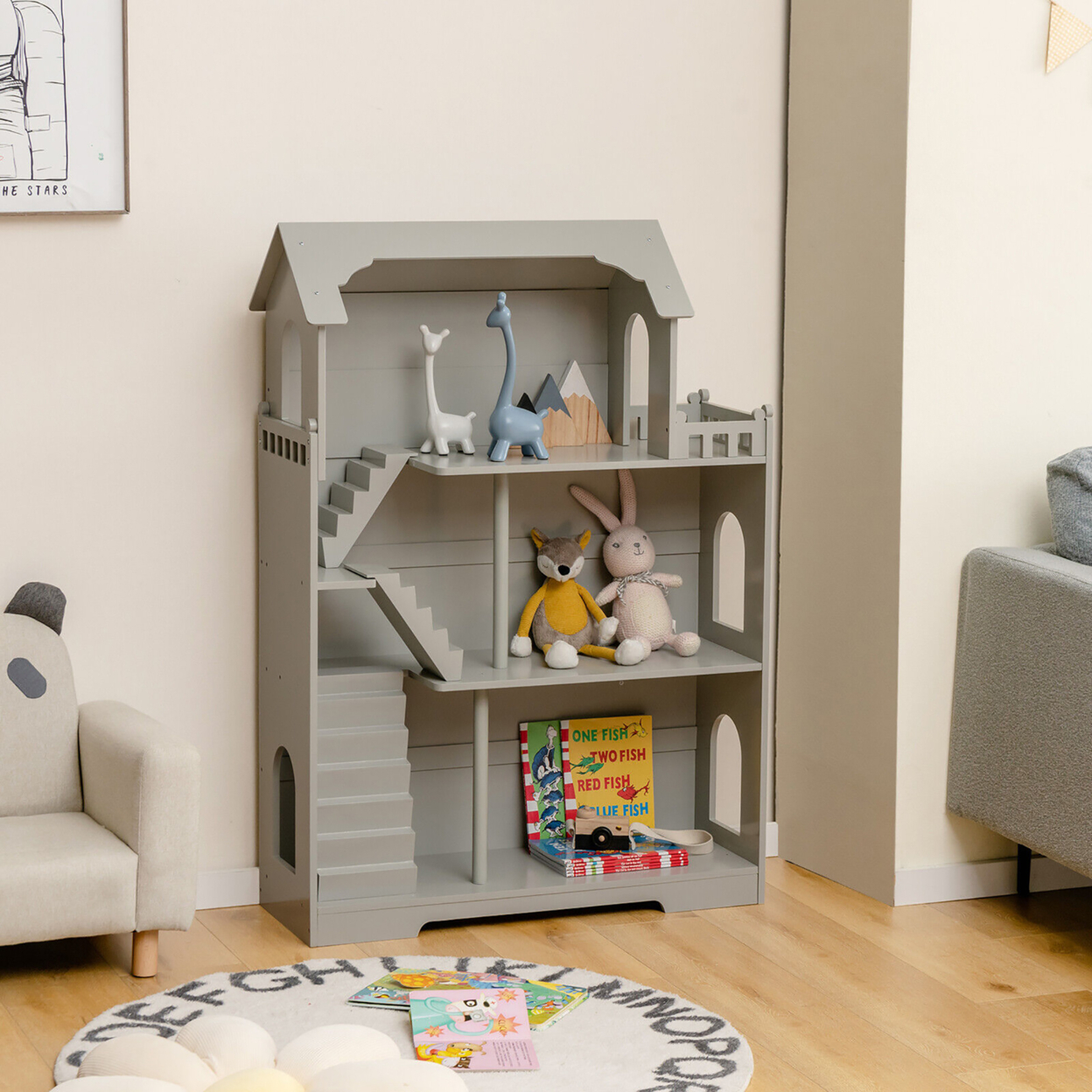 3-Tier Wooden Dollhouse Bookcase Children's Bookshelf In Kid's Room Gift For 3+ Grey