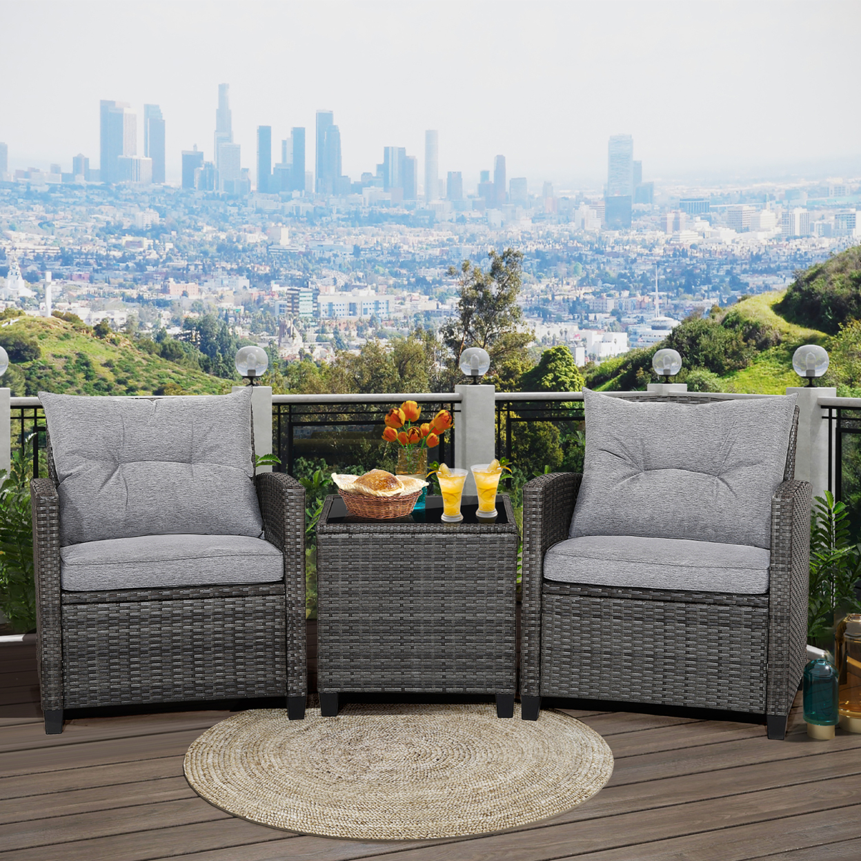 3PCS Patio Rattan Sofa Set Outdoor Wicker Conversation Set Glass Tabletop W/ Grey Cushion