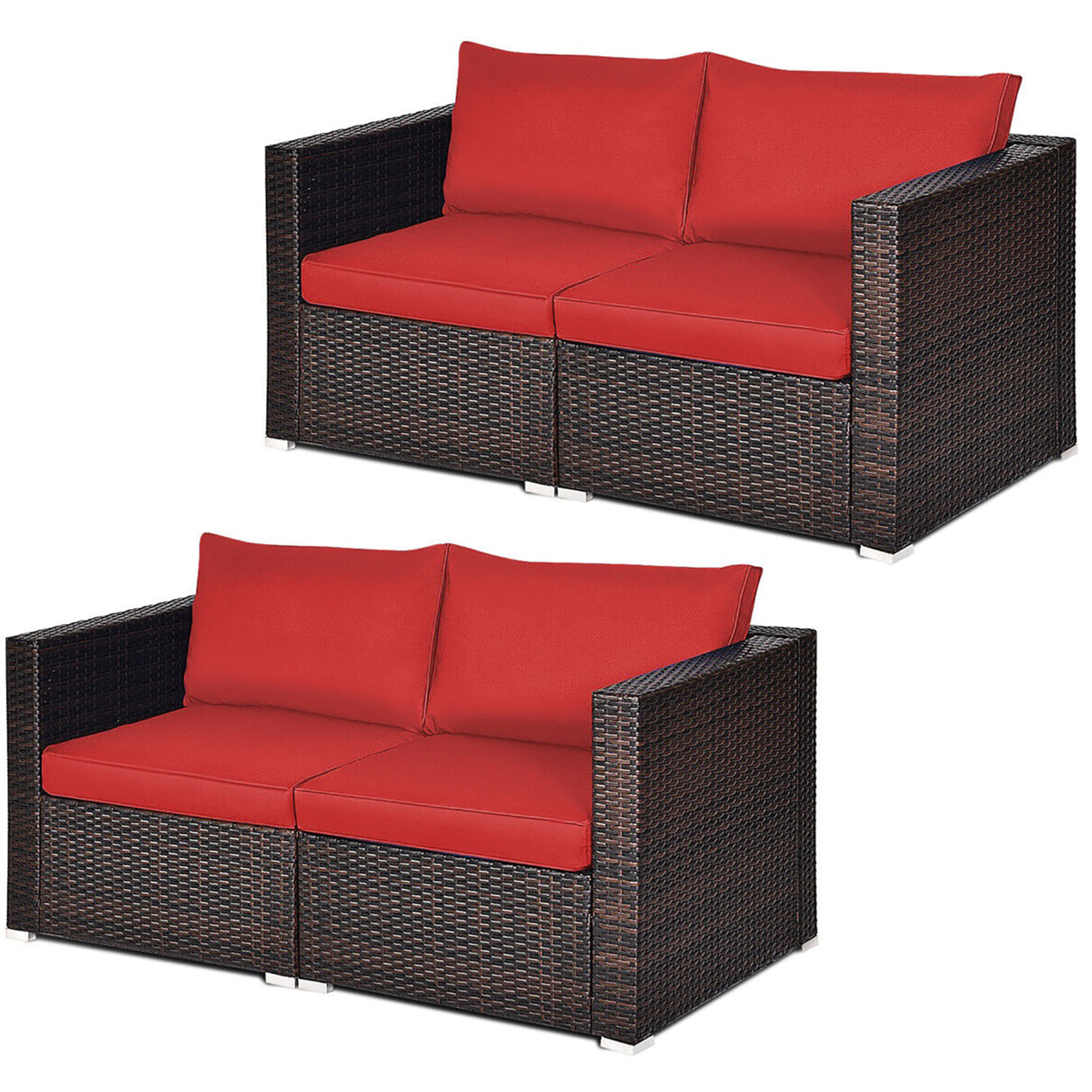4PCS Rattan Corner Sofa Set Patio Outdoor Furniture Set W/ Red Cushions