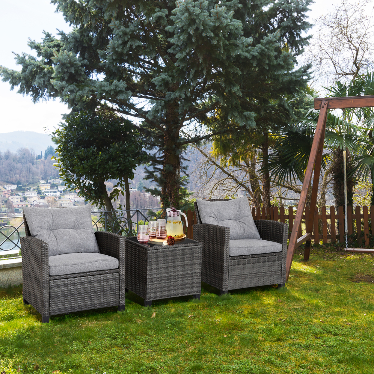 3PCS Patio Rattan Sofa Set Outdoor Wicker Conversation Set Glass Tabletop W/ Grey Cushion
