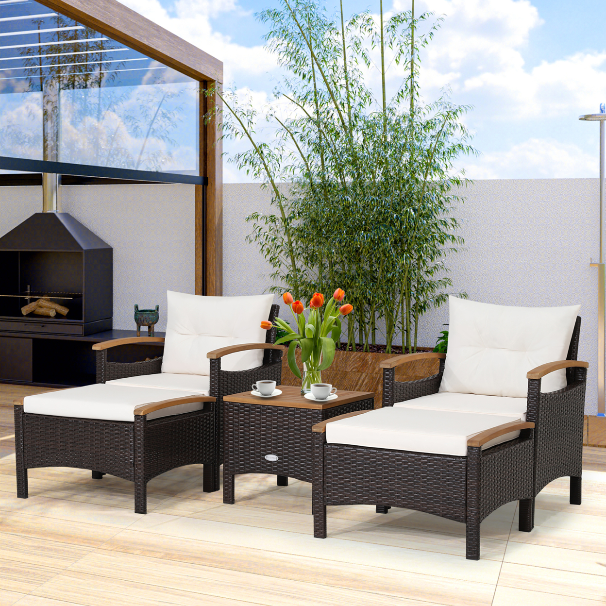 5PCS Outdoor Patio Rattan Furniture Set PE Wicker Lounge Chair W/ Wood Tabletop