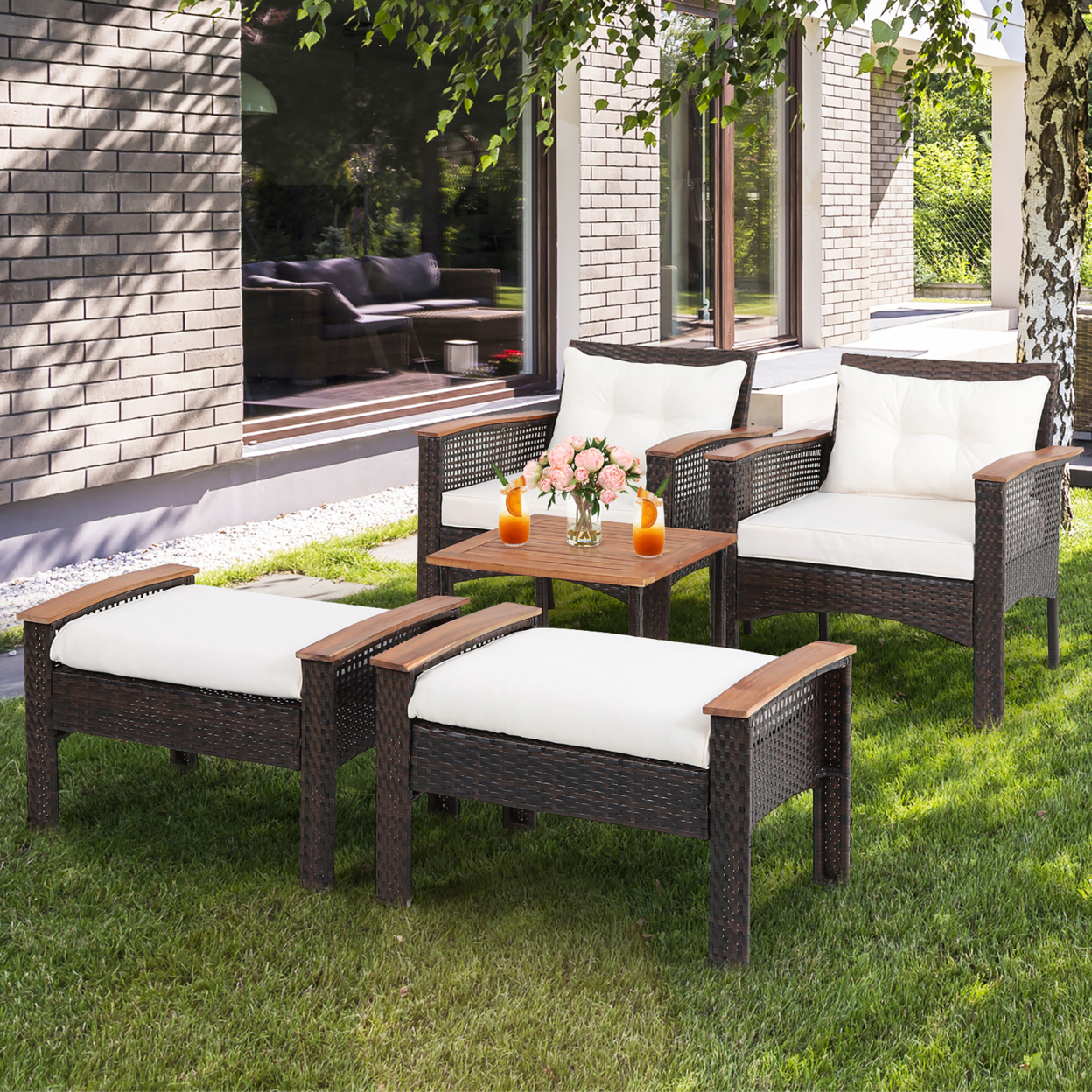 5 PCS Patio Rattan Sofa Set Outdoor Wicker Conversation Set W/ Coffee Table & Cushion