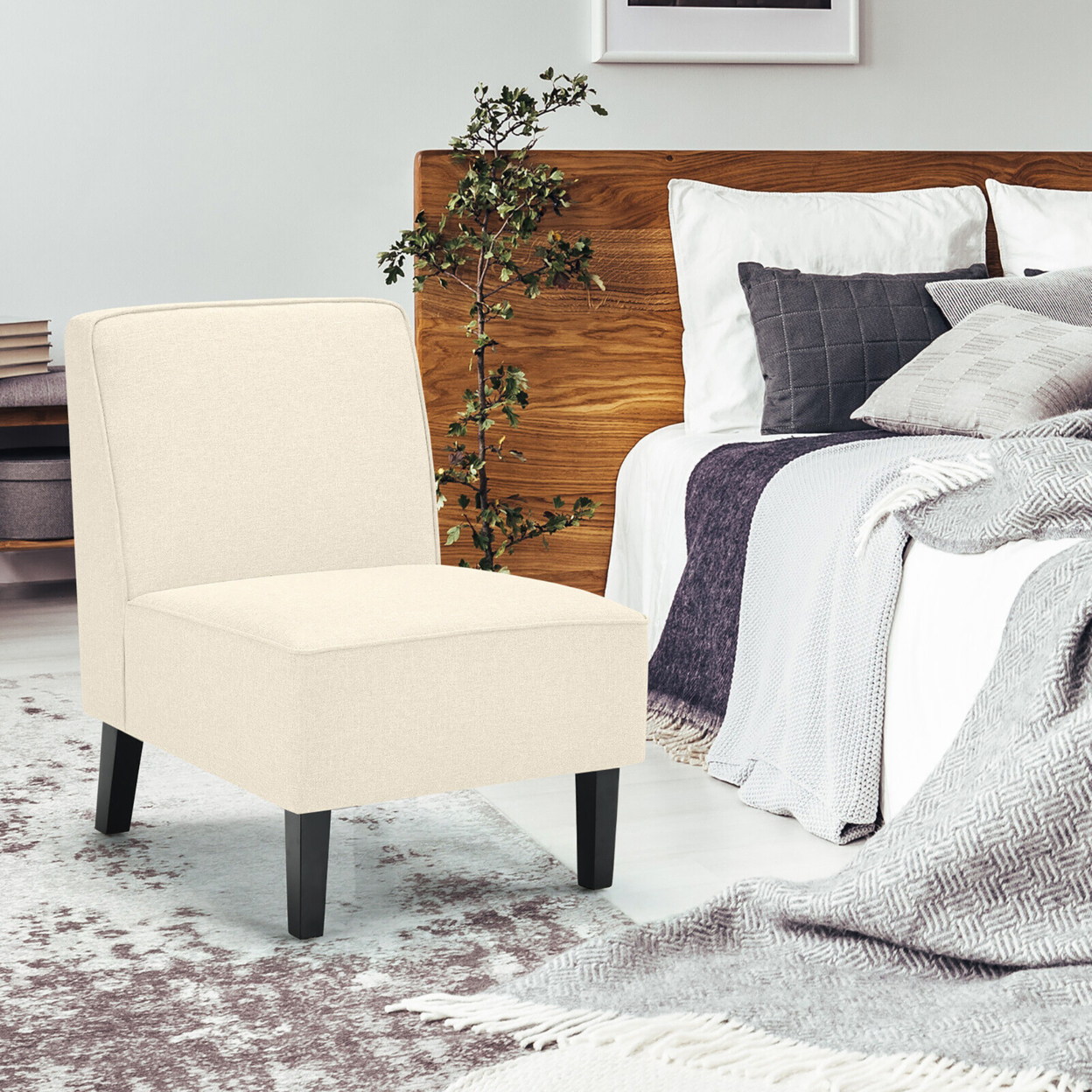 Modern Armless Accent Chair Fabric Single Sofa W/ Rubber Wood Legs Beige