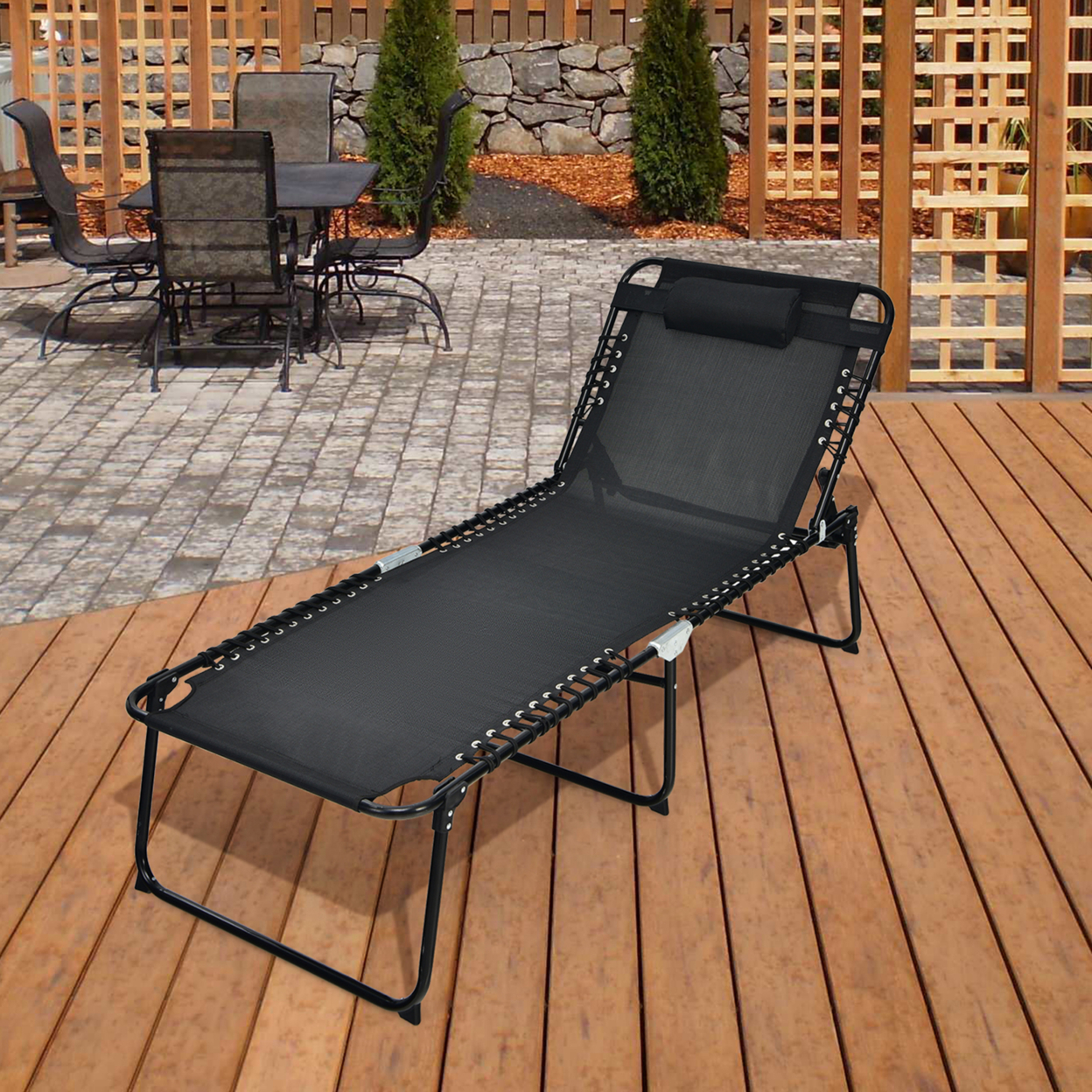 Folding Reclining Lounge Chaise 4-Position Backrest Portable Beach Chair Black