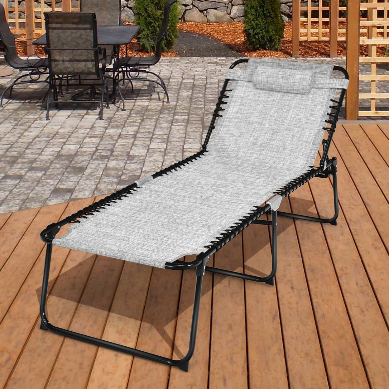 Folding Reclining Lounge Chaise 4-Position Backrest Portable Beach Chair Grey