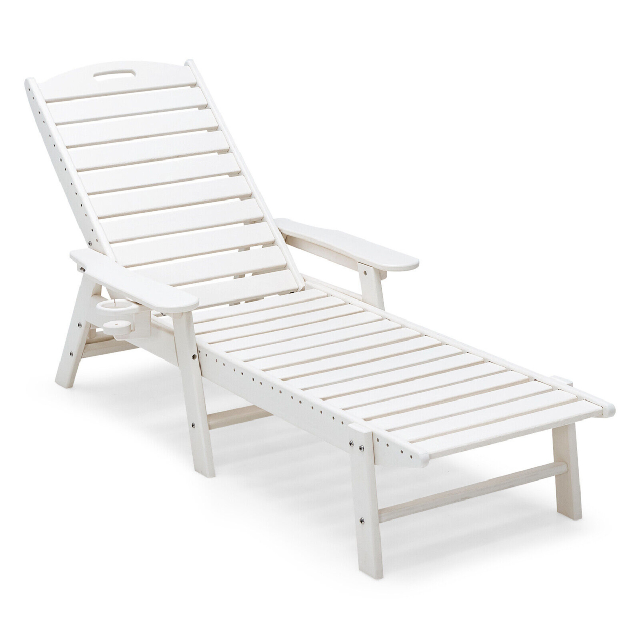 Patio Chaise Lounge HDPE Reclining Chair W/ 5-Position Adjustable Backrest & Cup Holder