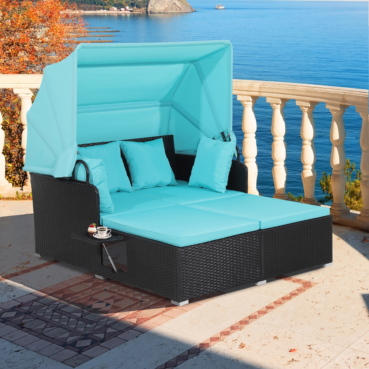 Patio Hand-Woven PE Wicker Daybed Outdoor Loveseat Sofa Set W/ Turquoise Cushions