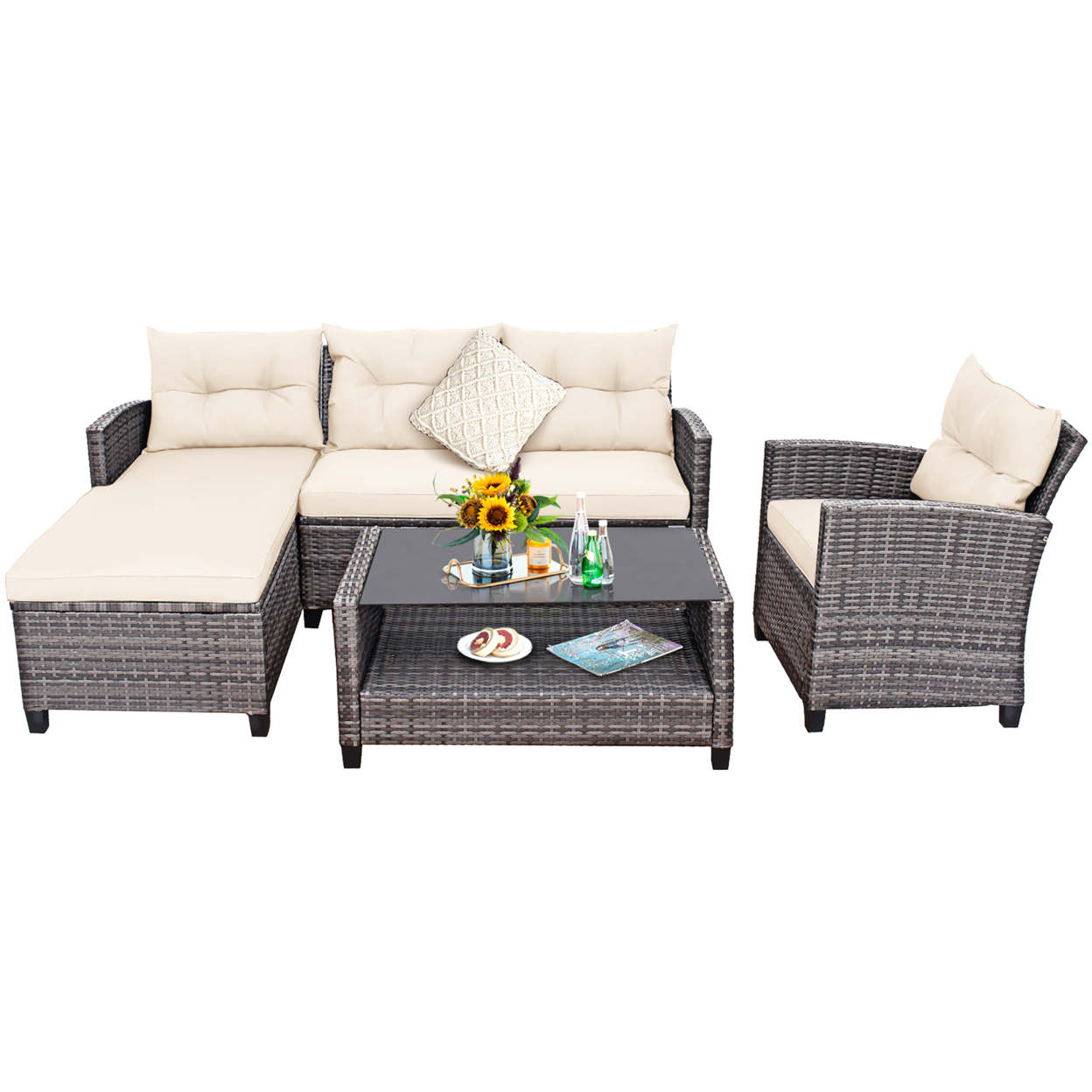 4PCS Rattan Patio Conversation Furniture Set Outdoor Sectional Sofa Set White