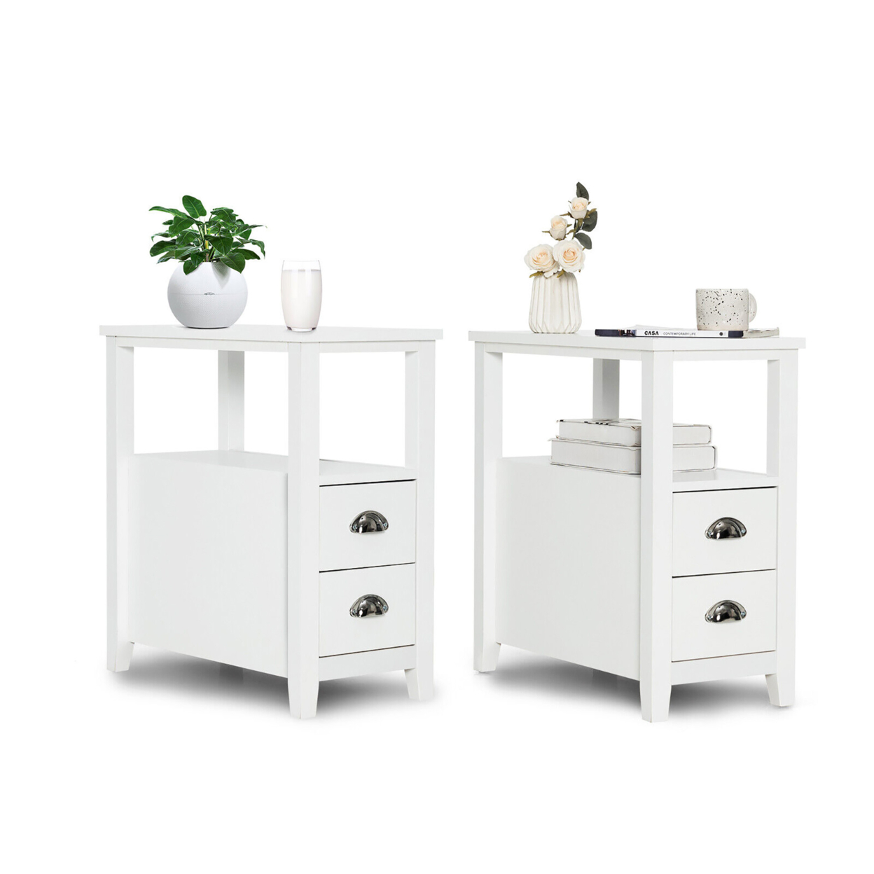 2PCS Side End Sofa Table Nightstand W/ 2 Drawers For Living Room Bedroom White