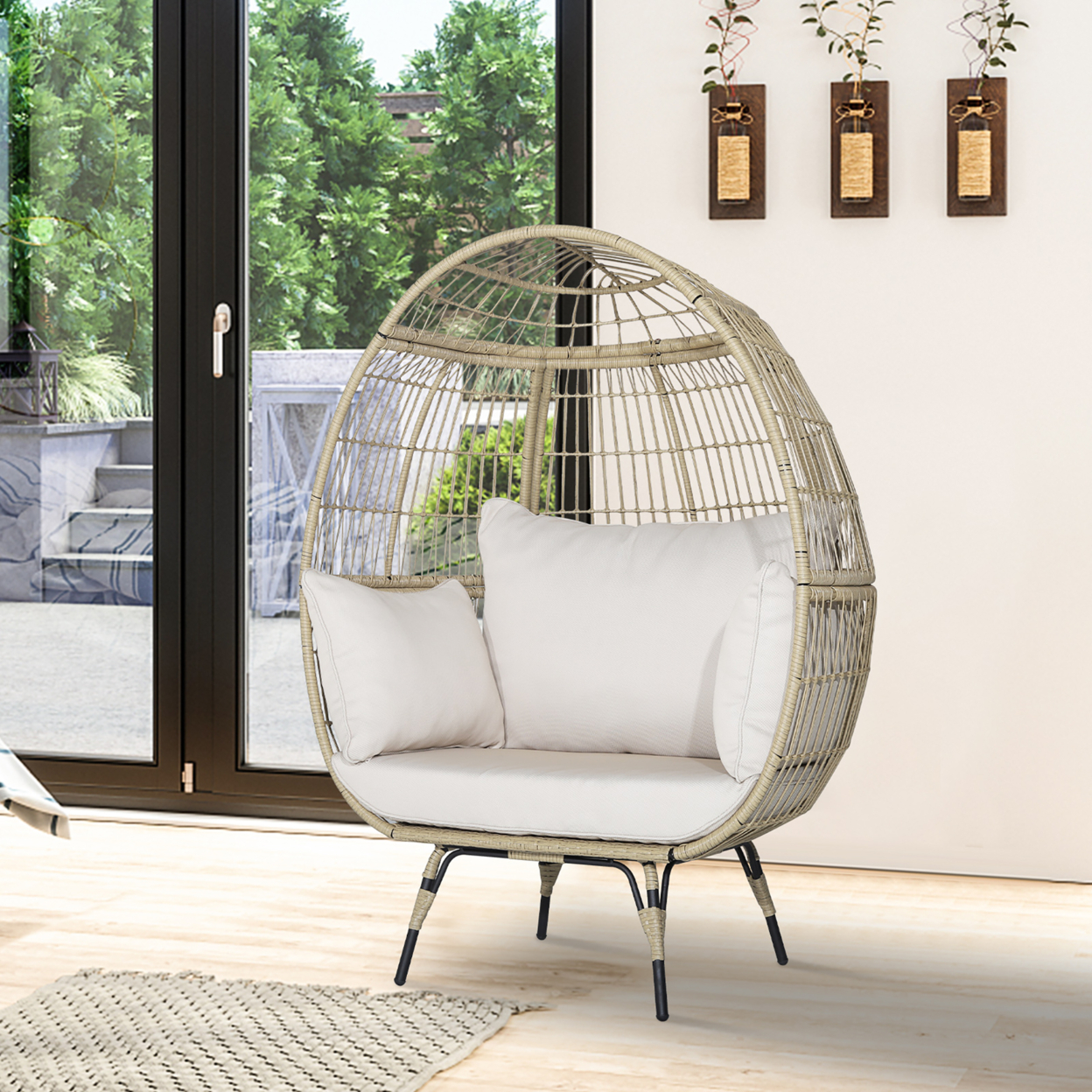 Patio Rattan Oversized Wicker Egg Chair Stationary Lounge Basket W/ 4 Soft Cushions