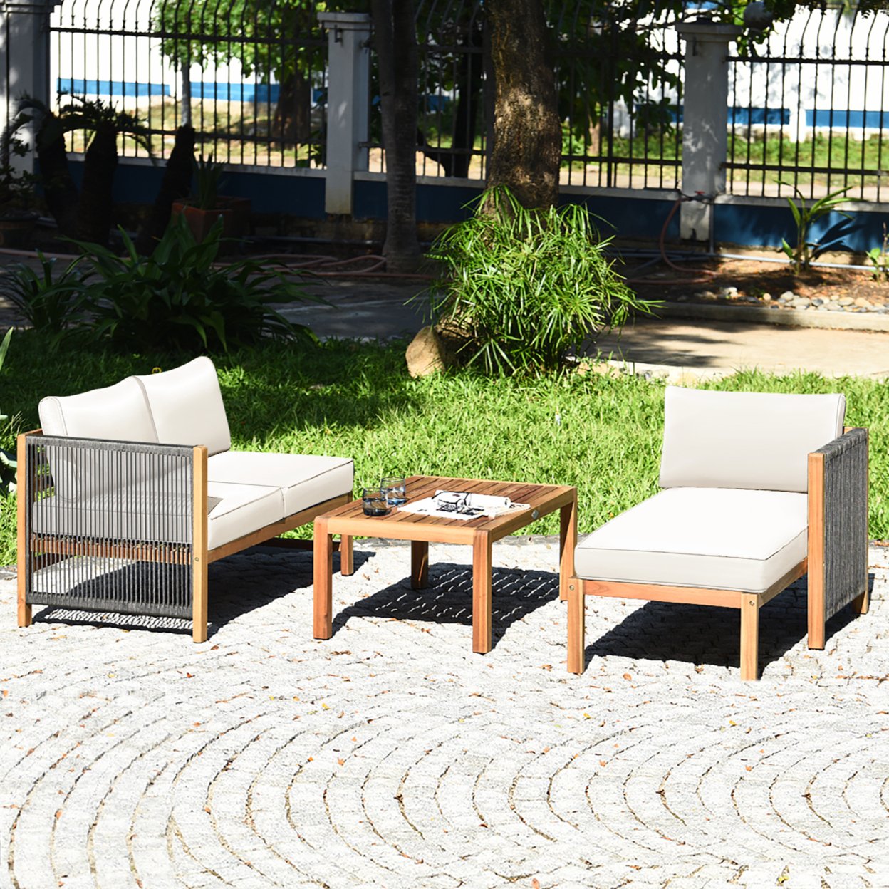 3PCS Patio Acacia Wood Sofa Furniture Set Thick Cushion W/ Nylon Rope Armrest White