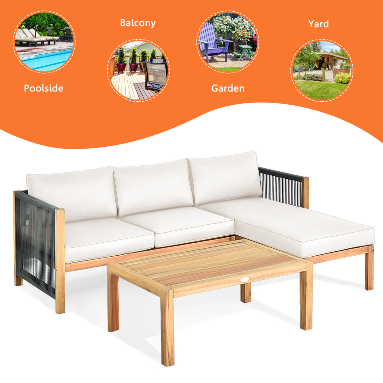 3PCS Patio Acacia Wood Sofa Furniture Set Thick Cushion W/ Nylon Rope Armrest White