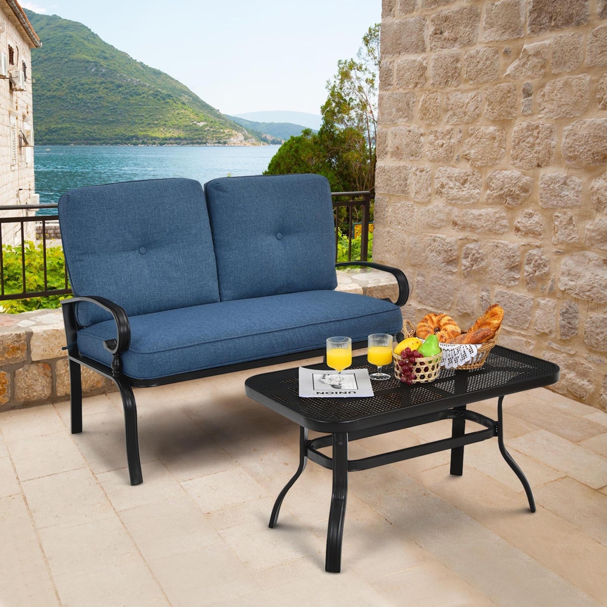 2PCS Patio Loveseat & Table Set Conversation Sofa Set W/ Blue Cushions