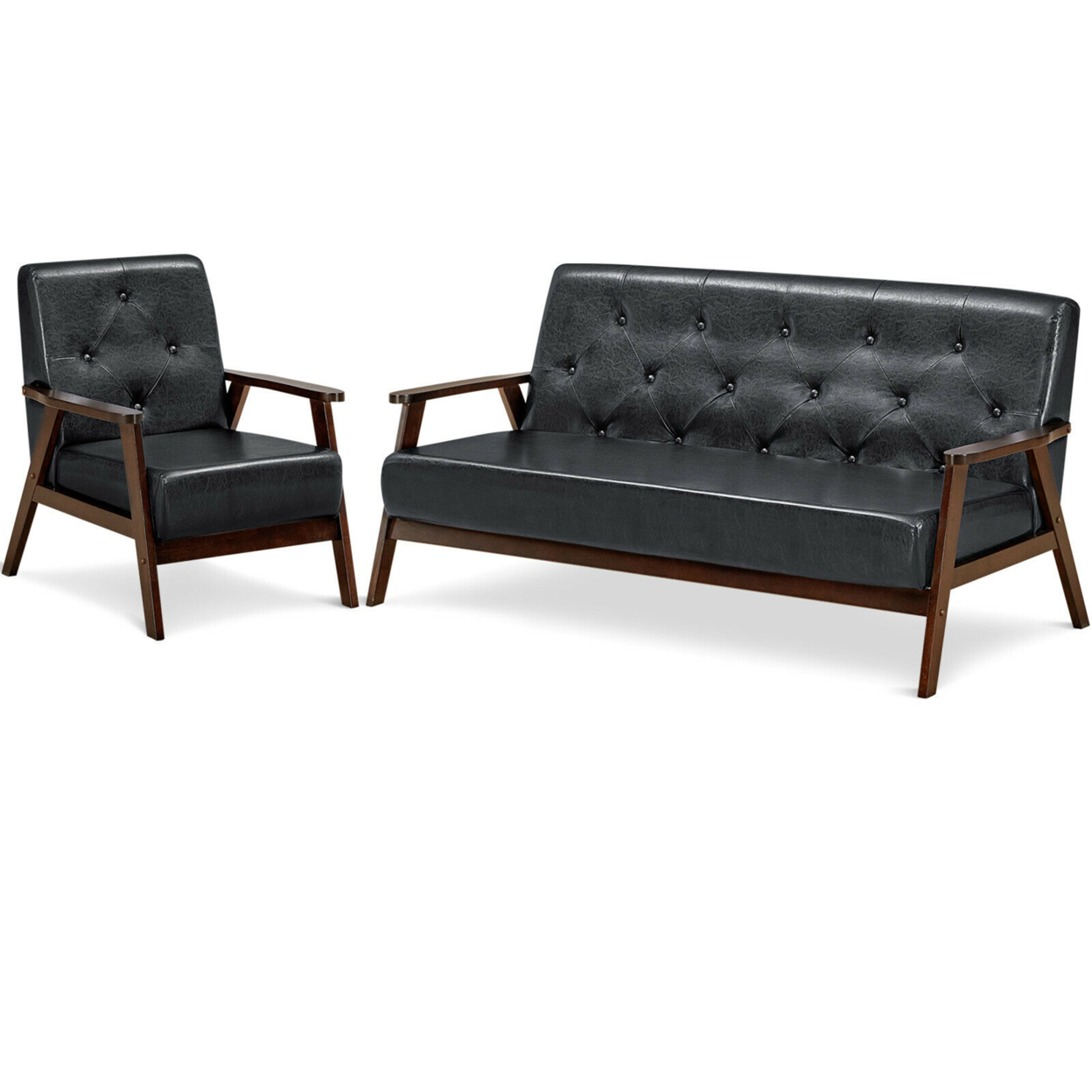 Classic 3-Seater Sofa & Accent Chair Set W/ Rubber Wood Legs & PU Leather Black