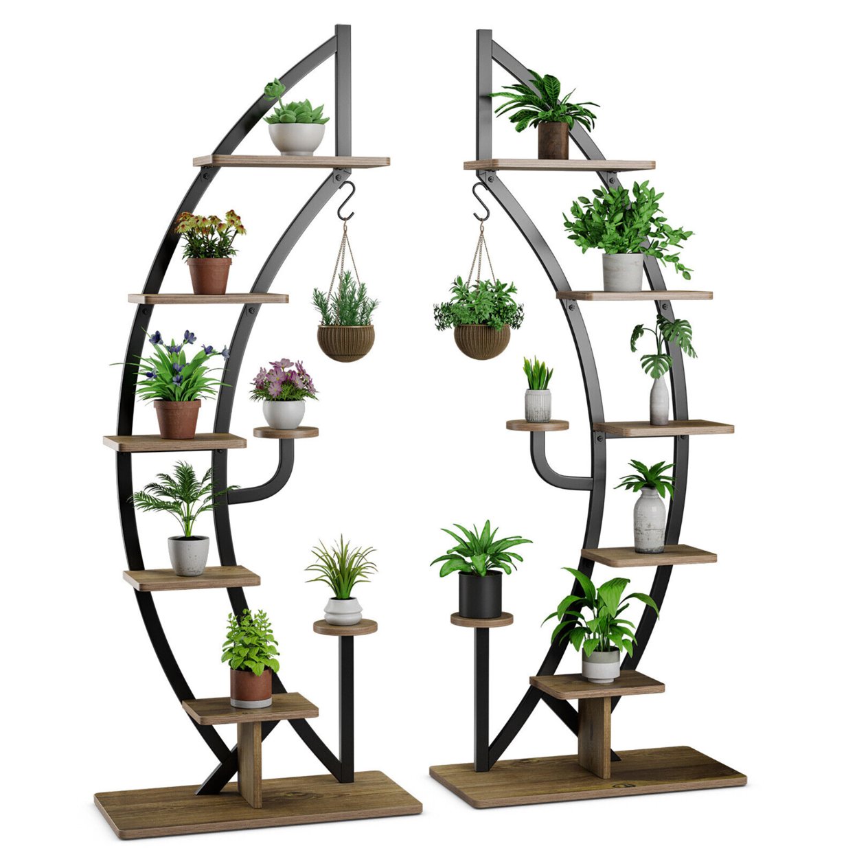 2 PCS 6 Tier 9 Potted Metal Plant Stand Curved Stand Holder Display Shelf W/ Hook
