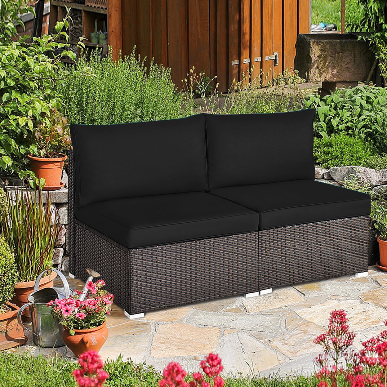 2PCS Patio Sectional Armless Sofas Outdoor Rattan Furniture Set W/ Cushions Black