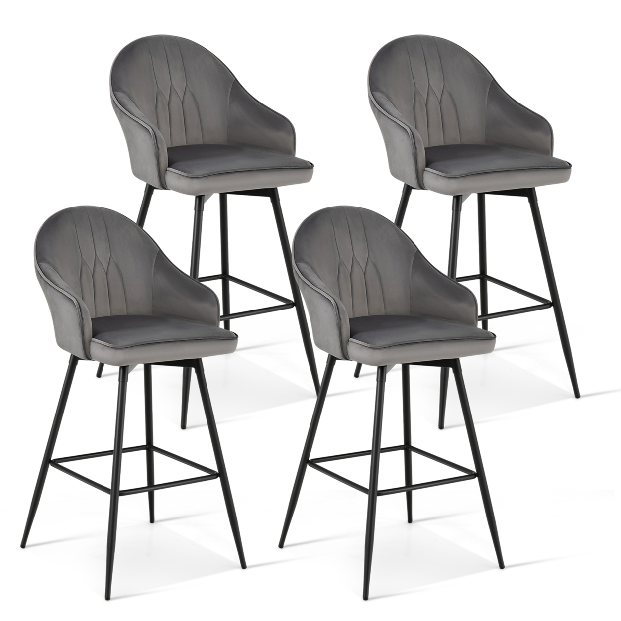 Set Of 4 Velvet Bar Stools Swivel Pub Height Dining Chairs W/ Metal Legs Gray
