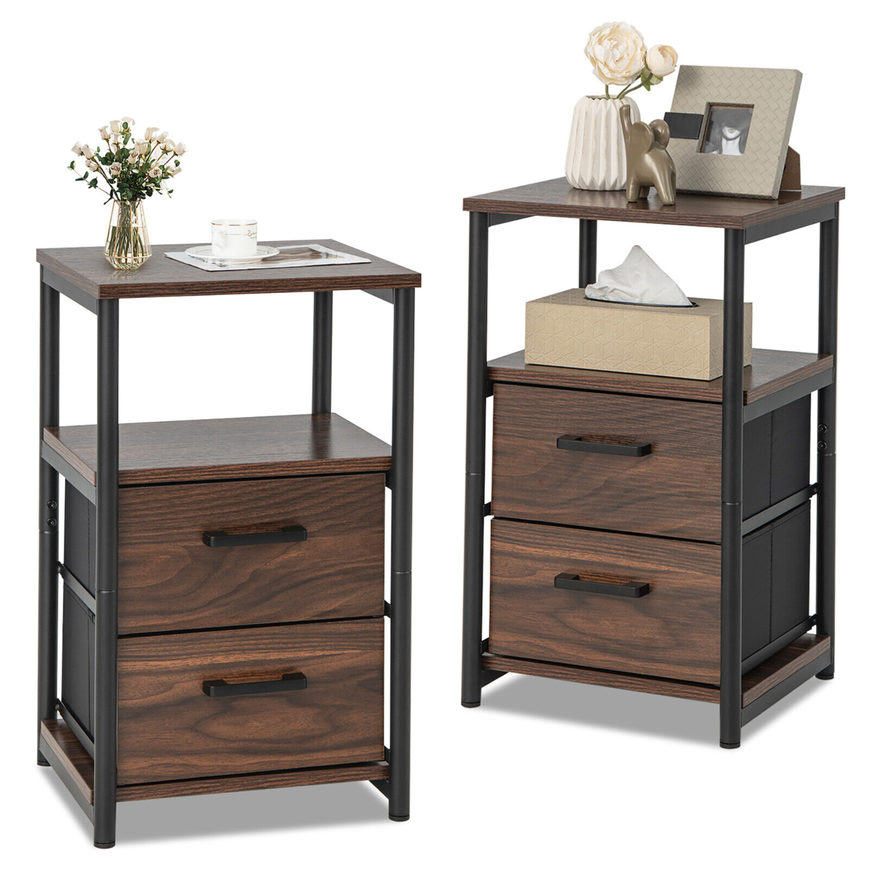 2PCS Nightstand Bedside End Table With 2 Fabric Drawers & Storage Shelf