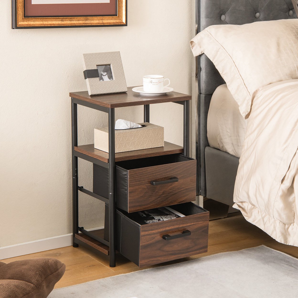 2PCS Nightstand Bedside End Table With 2 Fabric Drawers & Storage Shelf