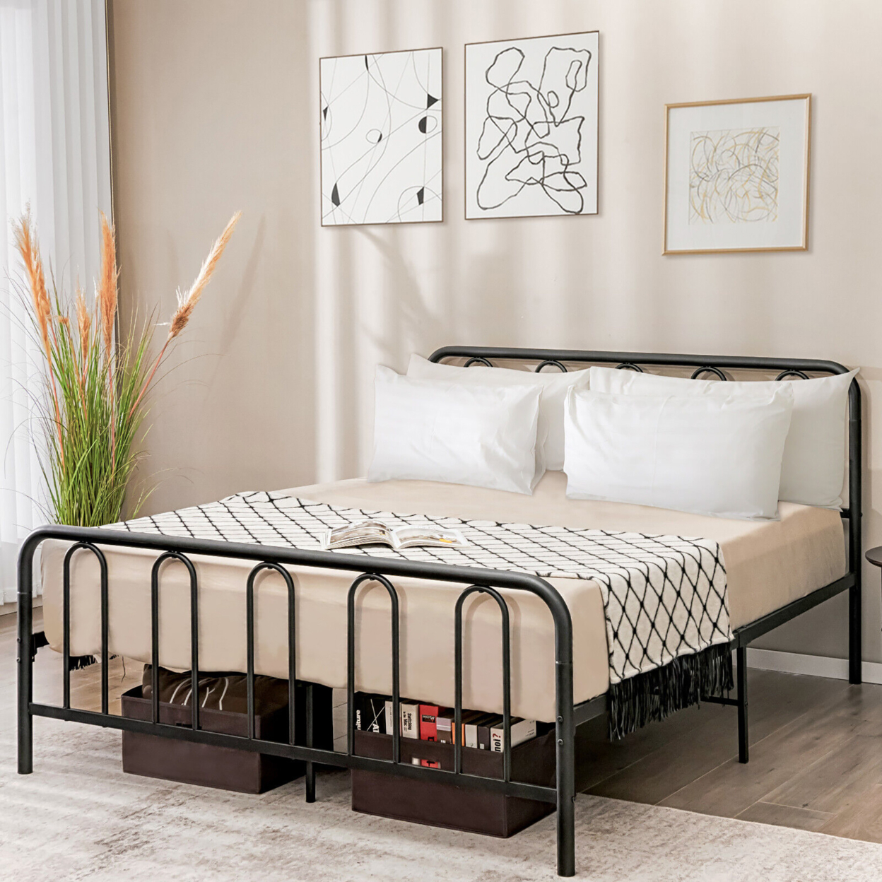 Stylish Queen Size Metal Bed Frame Platform Bed Base W/ Headboard & Footboard