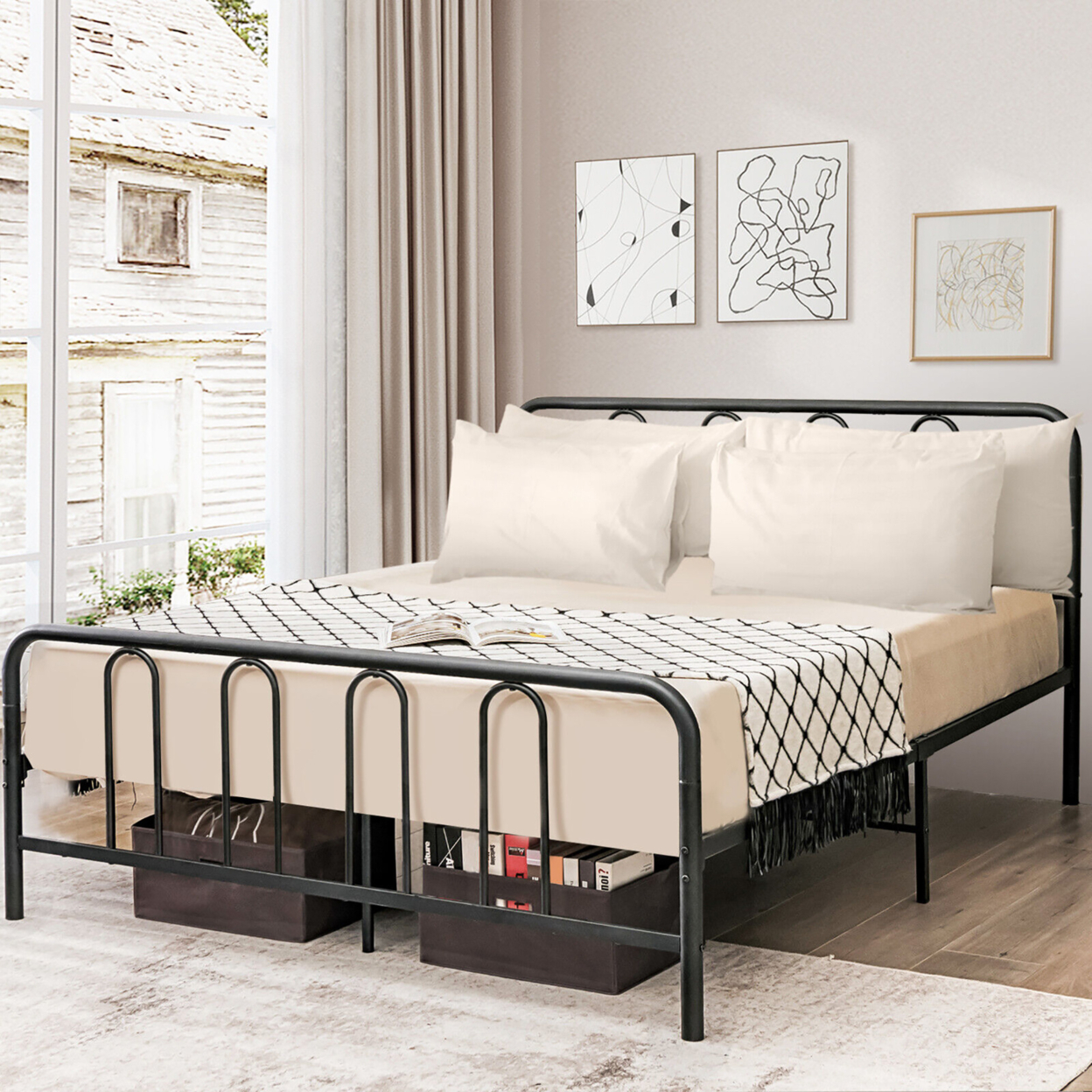Stylish Full Size Metal Bed Frame Platform Bed Base W/ Headboard & Footboard