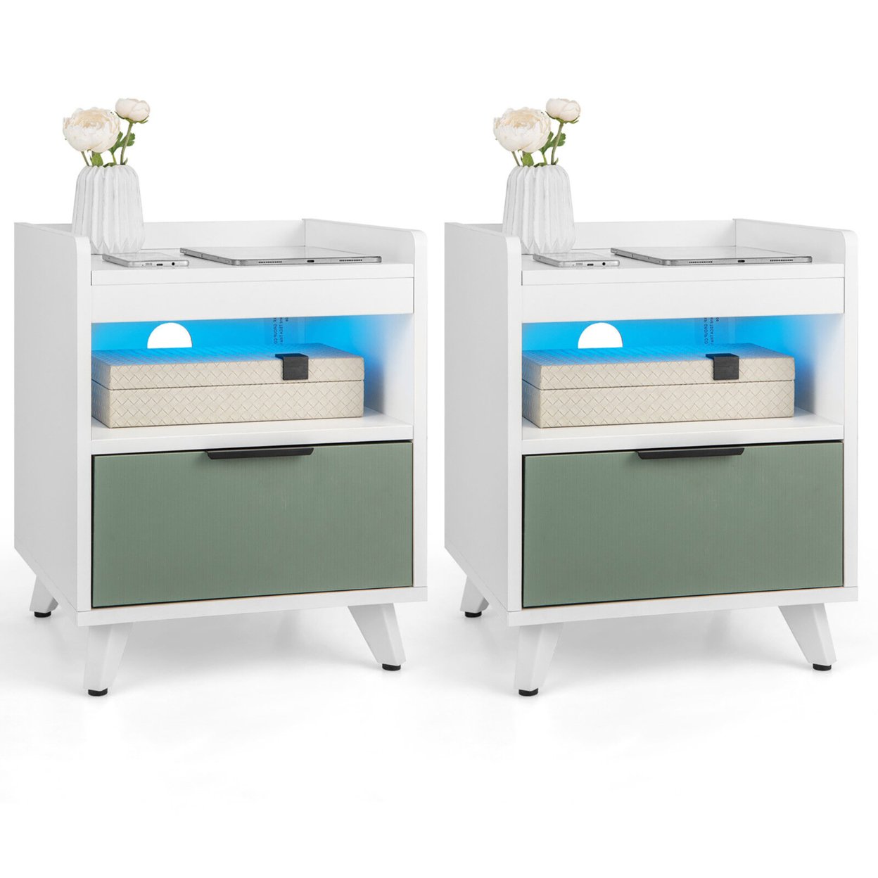 2PCS Nightstand Modern Beside End Table W/ LED Lights Open Compartment & Drawer
