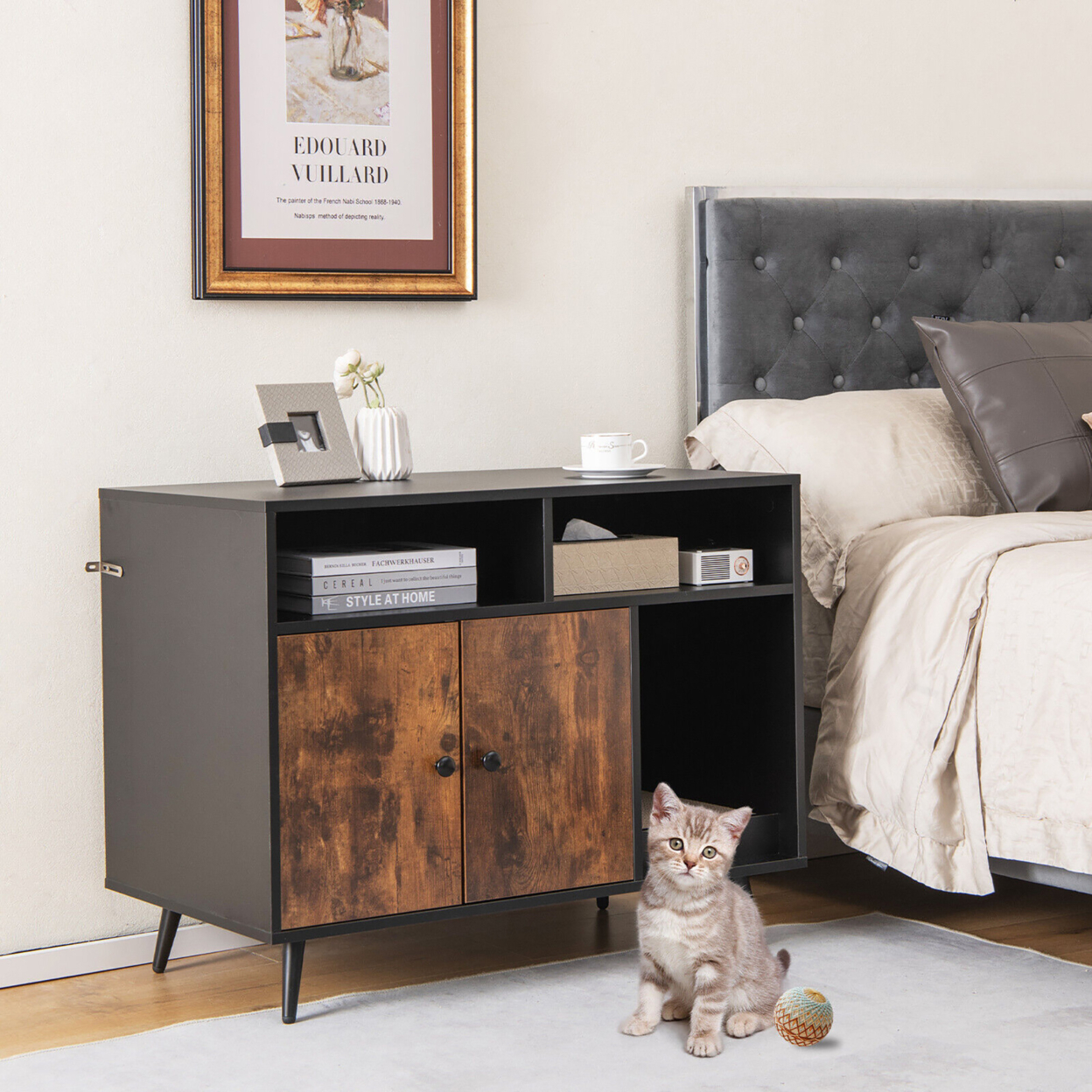 Cat Litter Box Enclosure W/ Scratching Pad End Table Nightstand Hidden Washroom