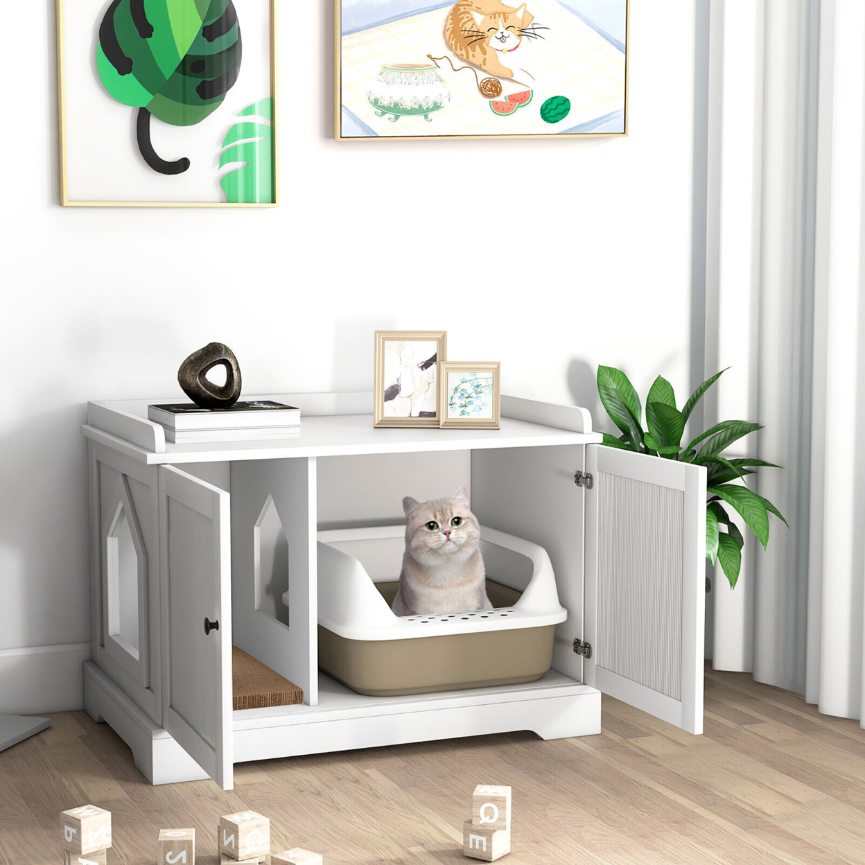 Cat Litter Box Enclosure W/ Scratching Pad & Adjustable Divider End Table Cabinet