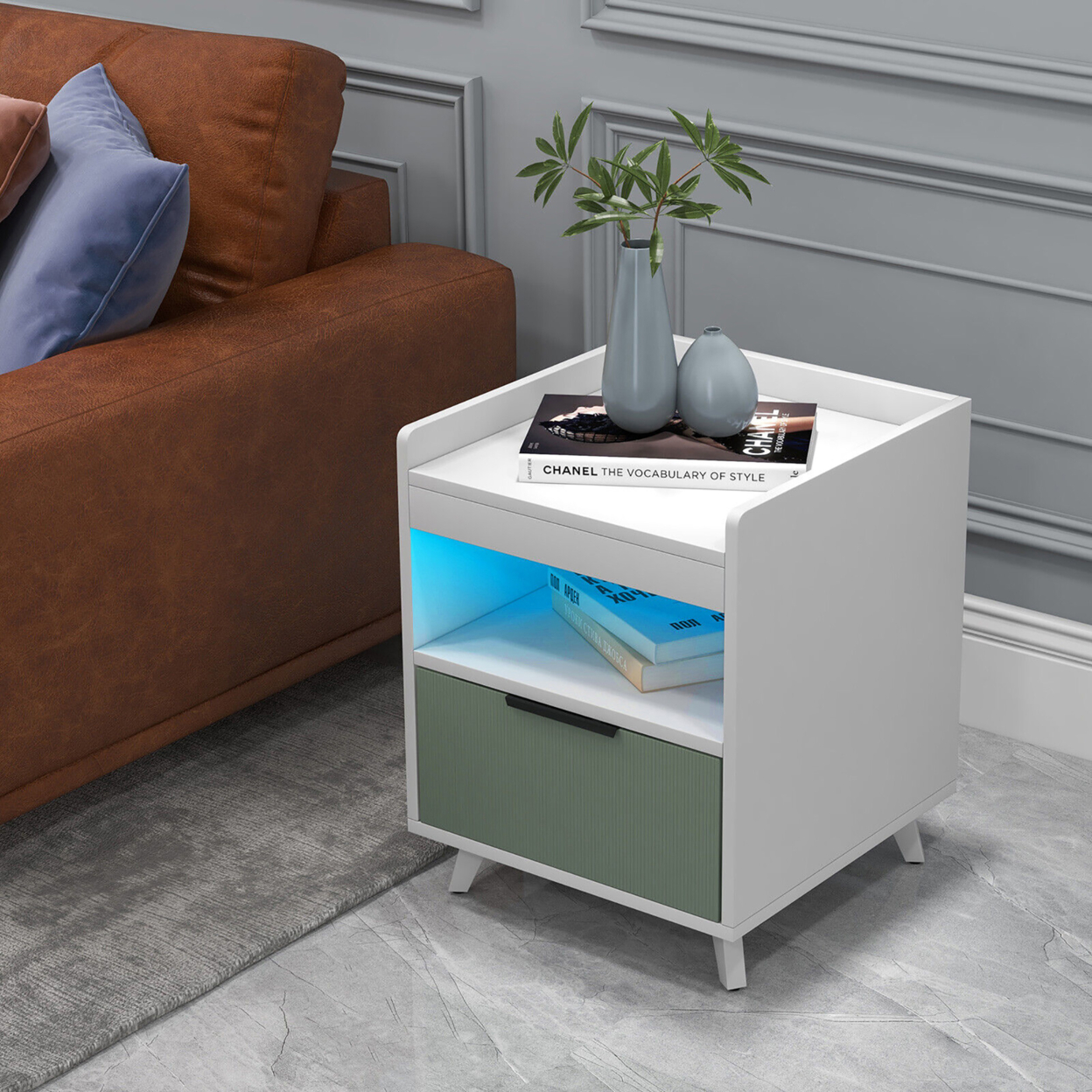 Nightstand Modern Beside End Table W/ LED Lights Open Compartment & Drawer