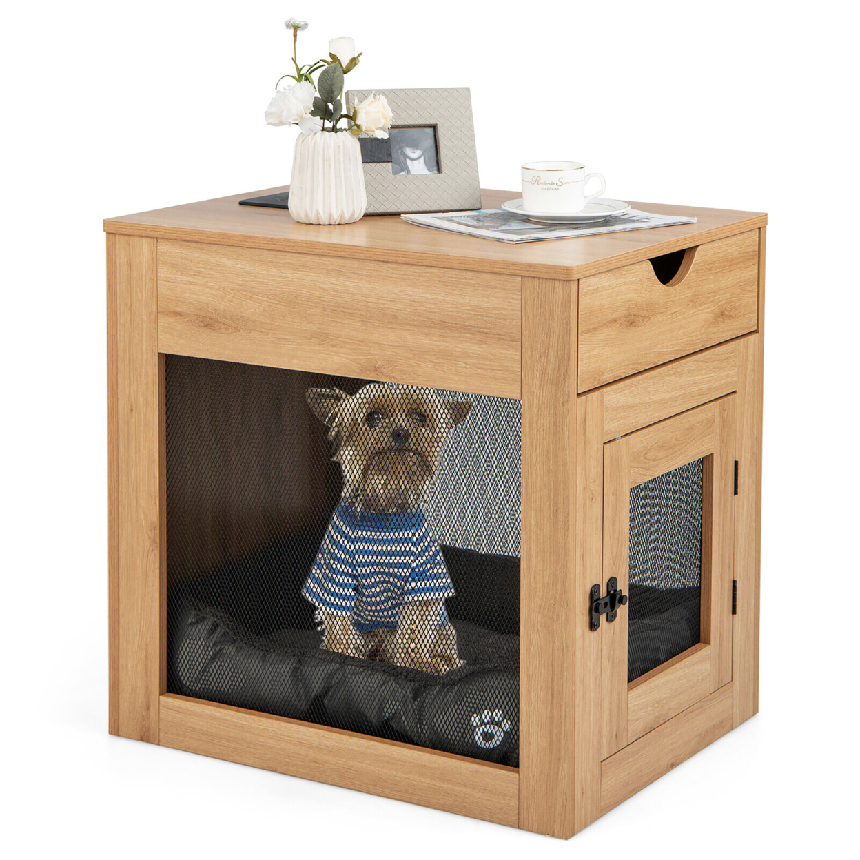 Furniture Style Dog Crate Cage End Table W/ Lockable Door Chew-proof Metal Grid