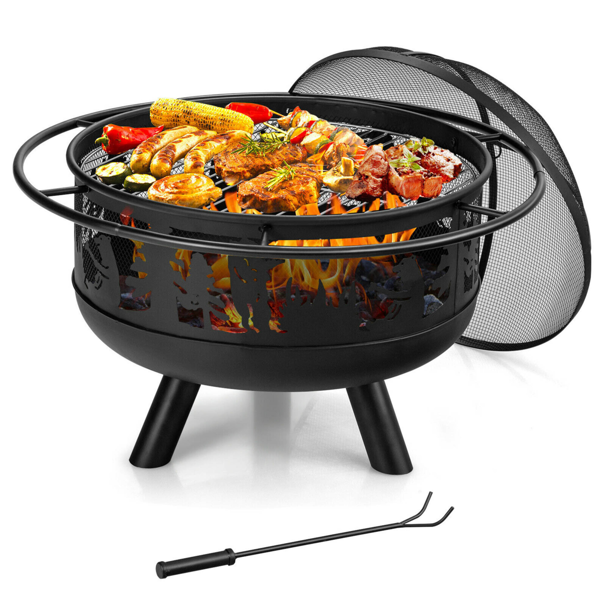 30'' Patio Round Fire Pit W/ Fire Poker Cooking Grill For Camping BBQ