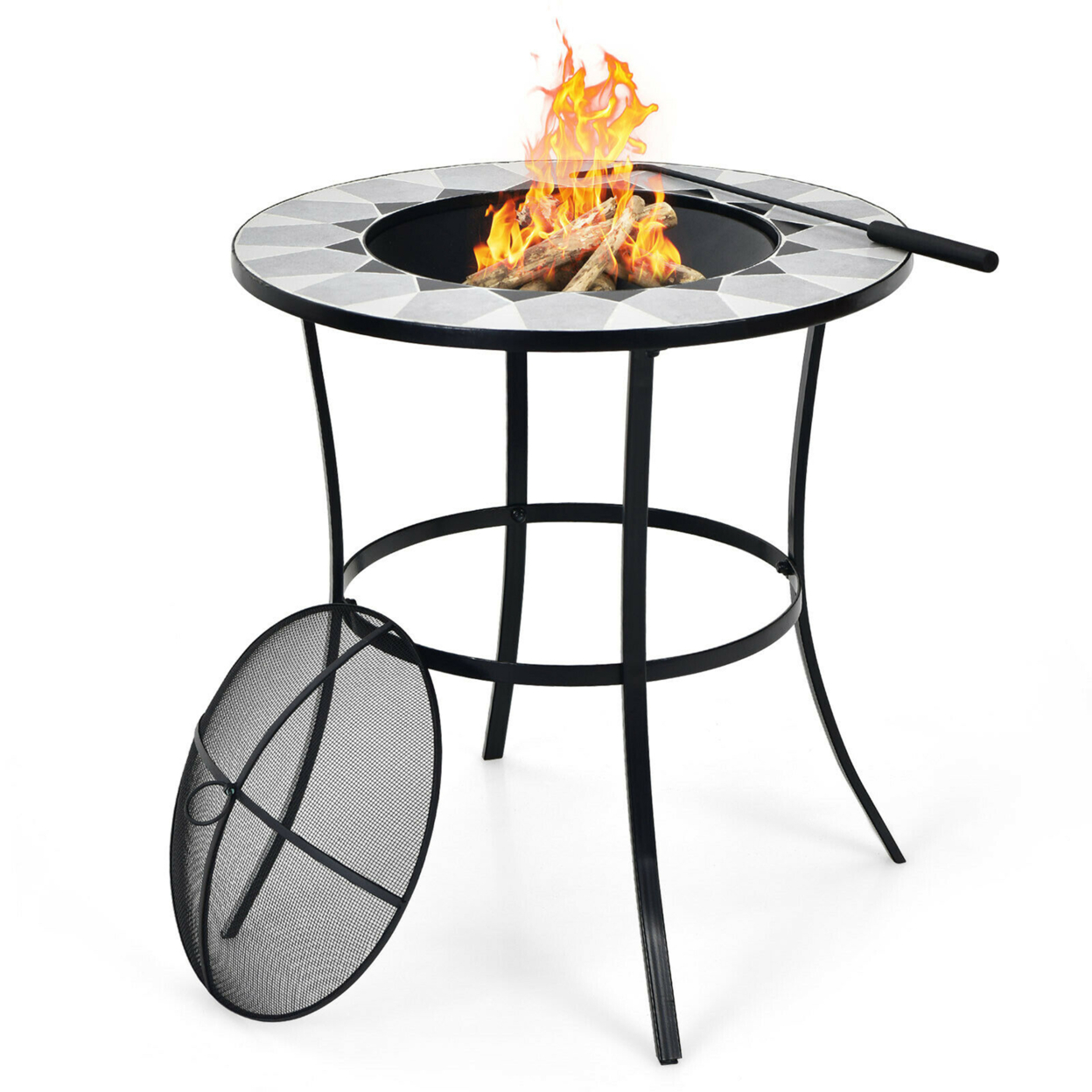23.5'' Round Fire Pit Table Wood Burning Heater W/ Mesh Cover & Fire Poker