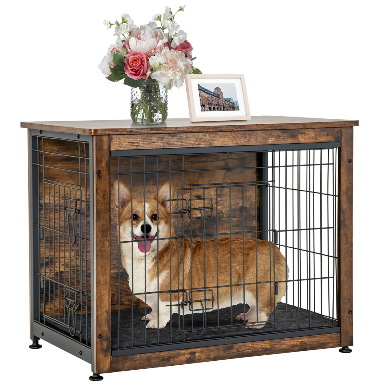 Wooden Dog Crate Furniture With Pad Bed Double Doors Dog Kennel End Table