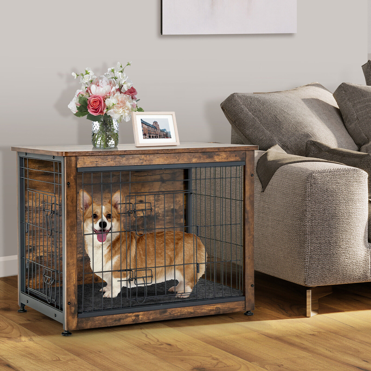 Wooden Dog Crate Furniture With Pad Bed Double Doors Dog Kennel End Table