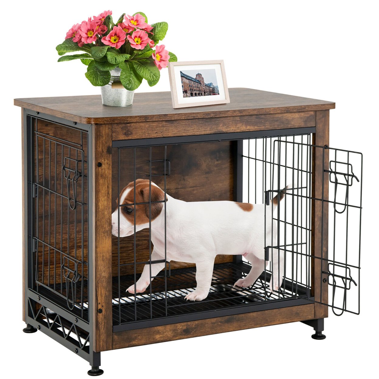 Wooden Dog Crate Furniture With Tray Double Door Dog Kennels End Table