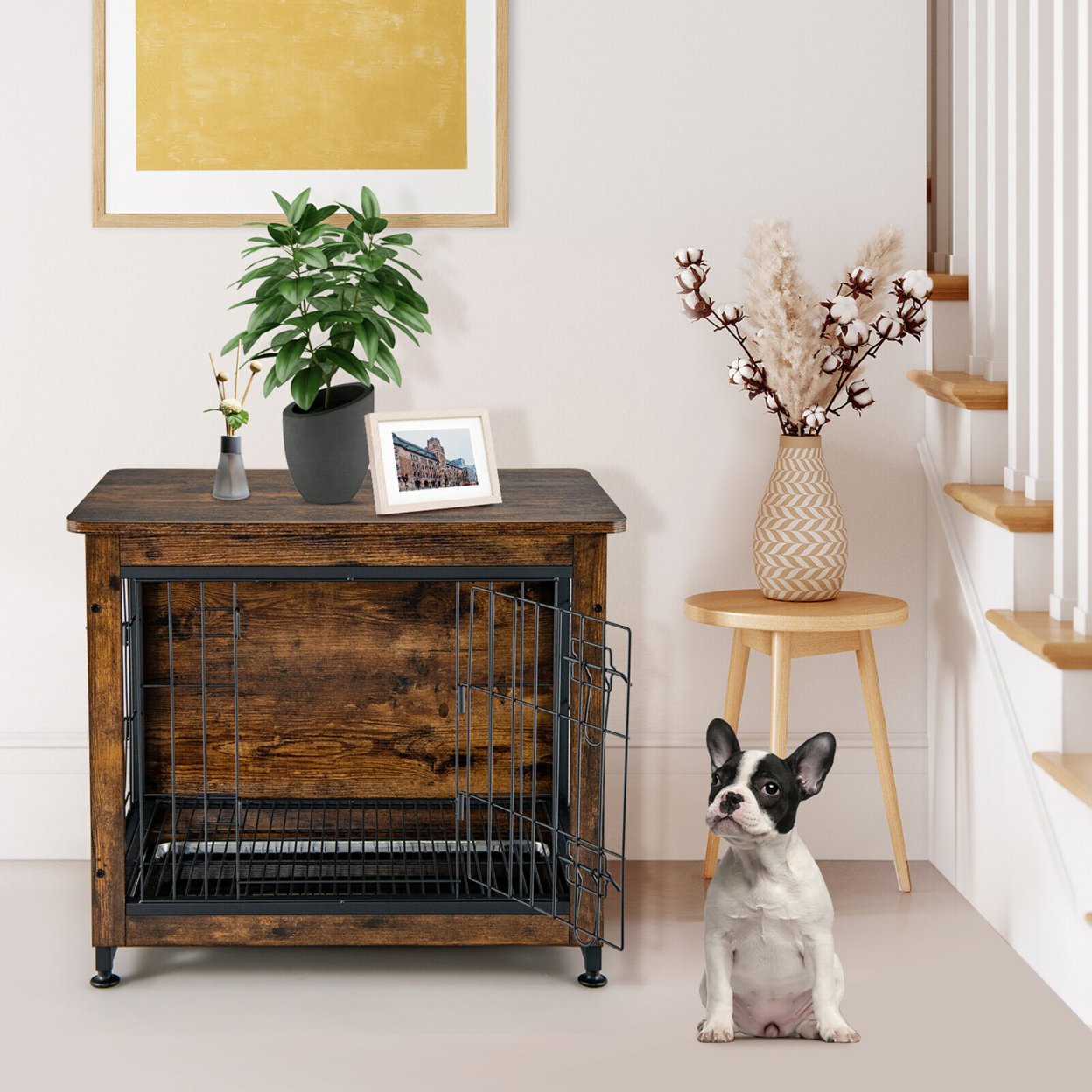 Wooden Dog Crate Furniture With Tray Double Door Dog Kennels End Table