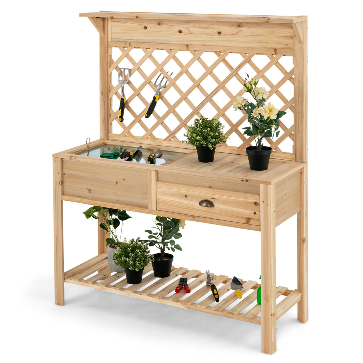 Wood Raised Garden Bed W/ Trellis Elevated Planter Box W/ Storage Shelf And Drawer