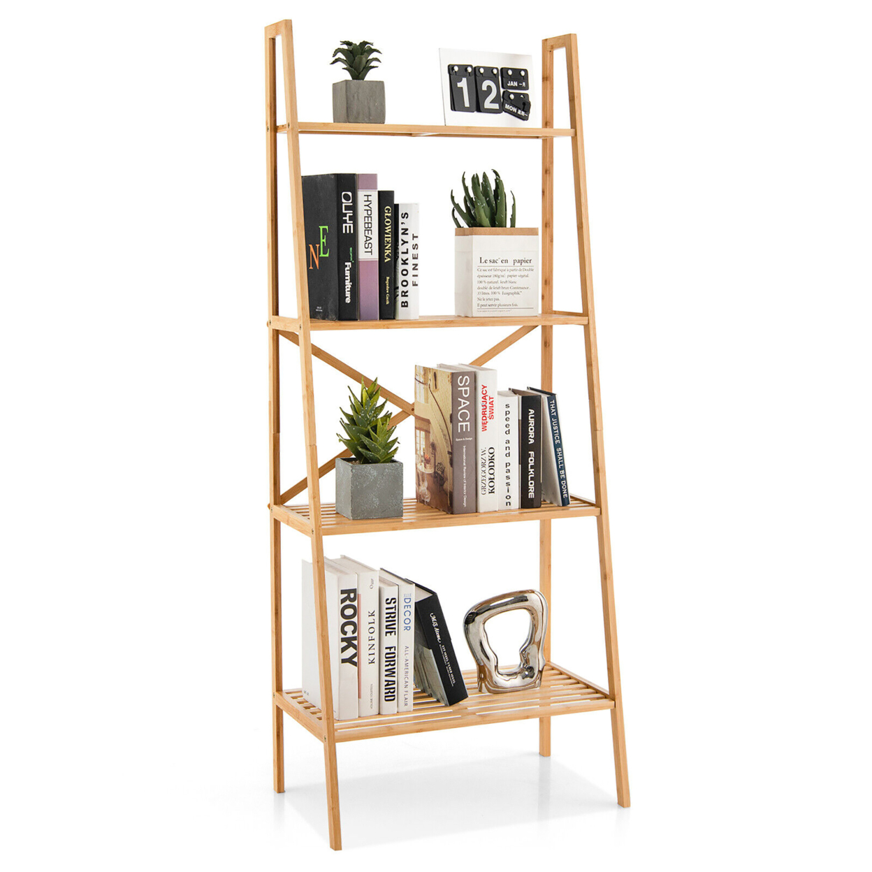 4-Tier Bamboo Ladder Bookshelf 58'' Display Shelf Storage Rack Plant Flower Stand