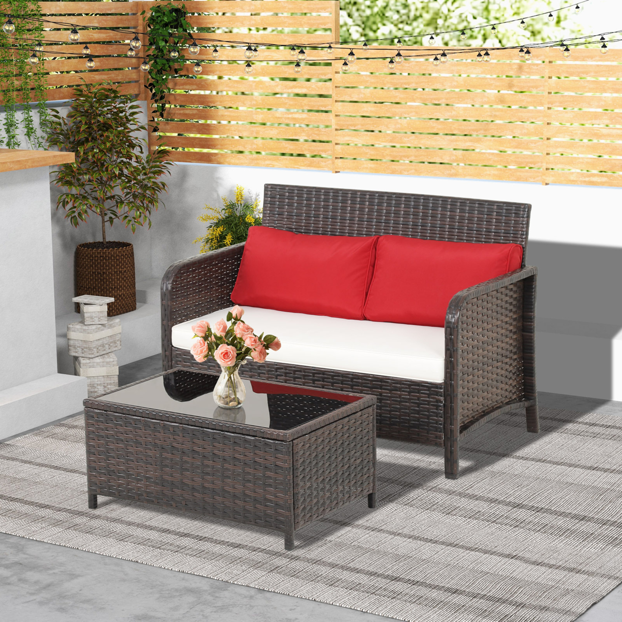 2PCS Patio PE Wicker Rattan Loveseat Sofa Set W/ Coffee Table & Cushions