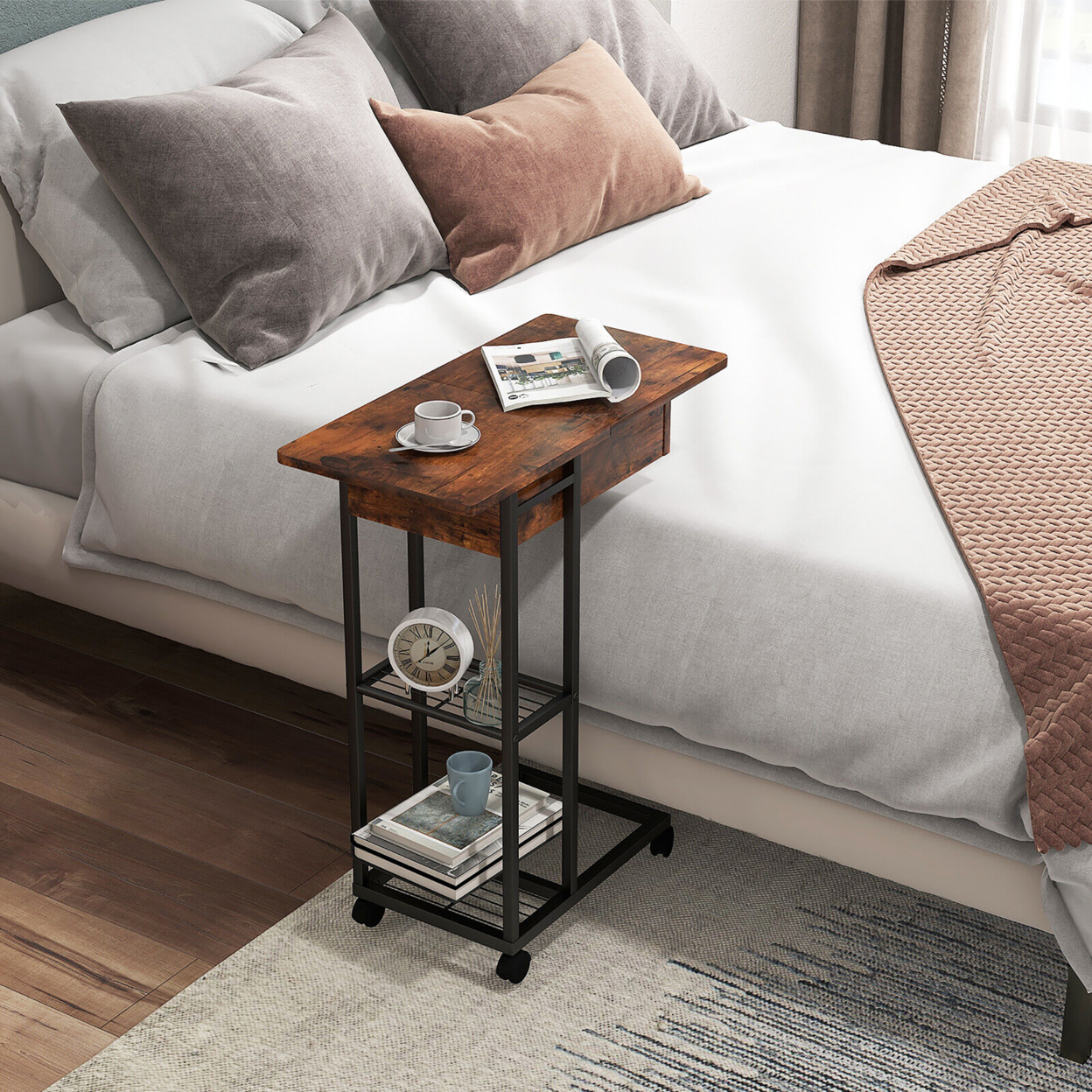 C-Shaped End Side Sofa Table Nightstand Flip-Up Top W/ Charging Station & Wheels