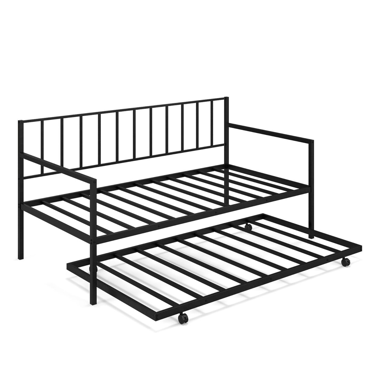 Twin Metal Daybed Sofa Bed With Trundle & Lockable Casters For Living Room