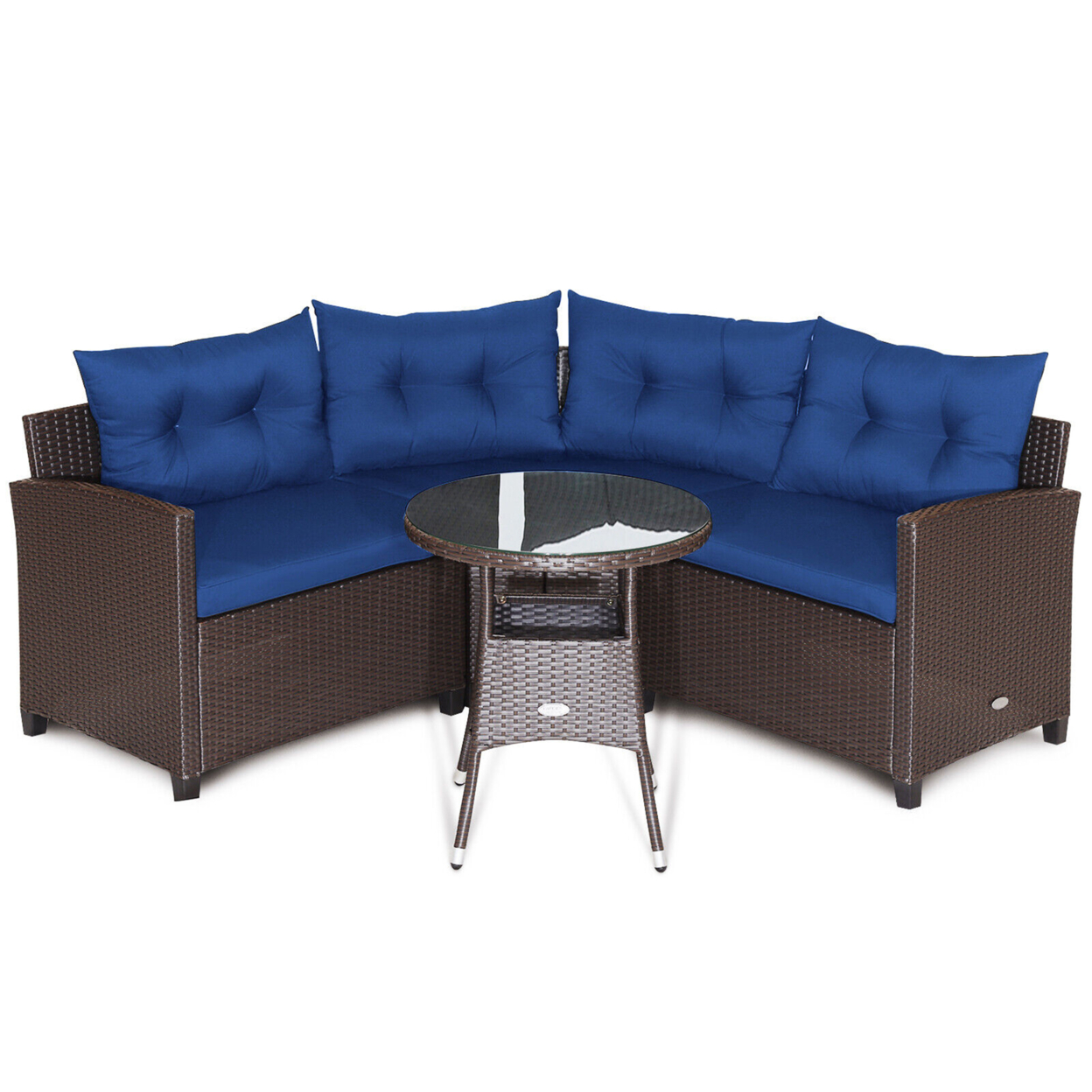 4PCS Wicker Patio Sofa Set Rattan Outdoor Furniture Set W/ Navy Cushions