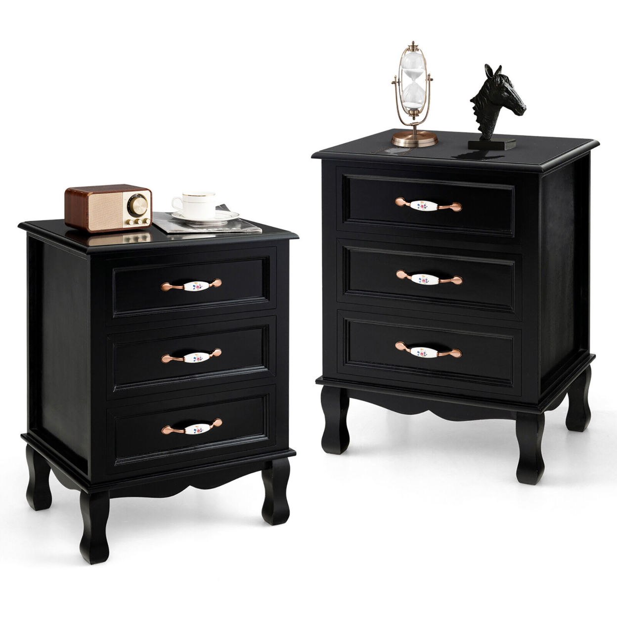 2PCS 3 Drawers Nightstand Wood Sofa End Side Accent Furniture Table Black