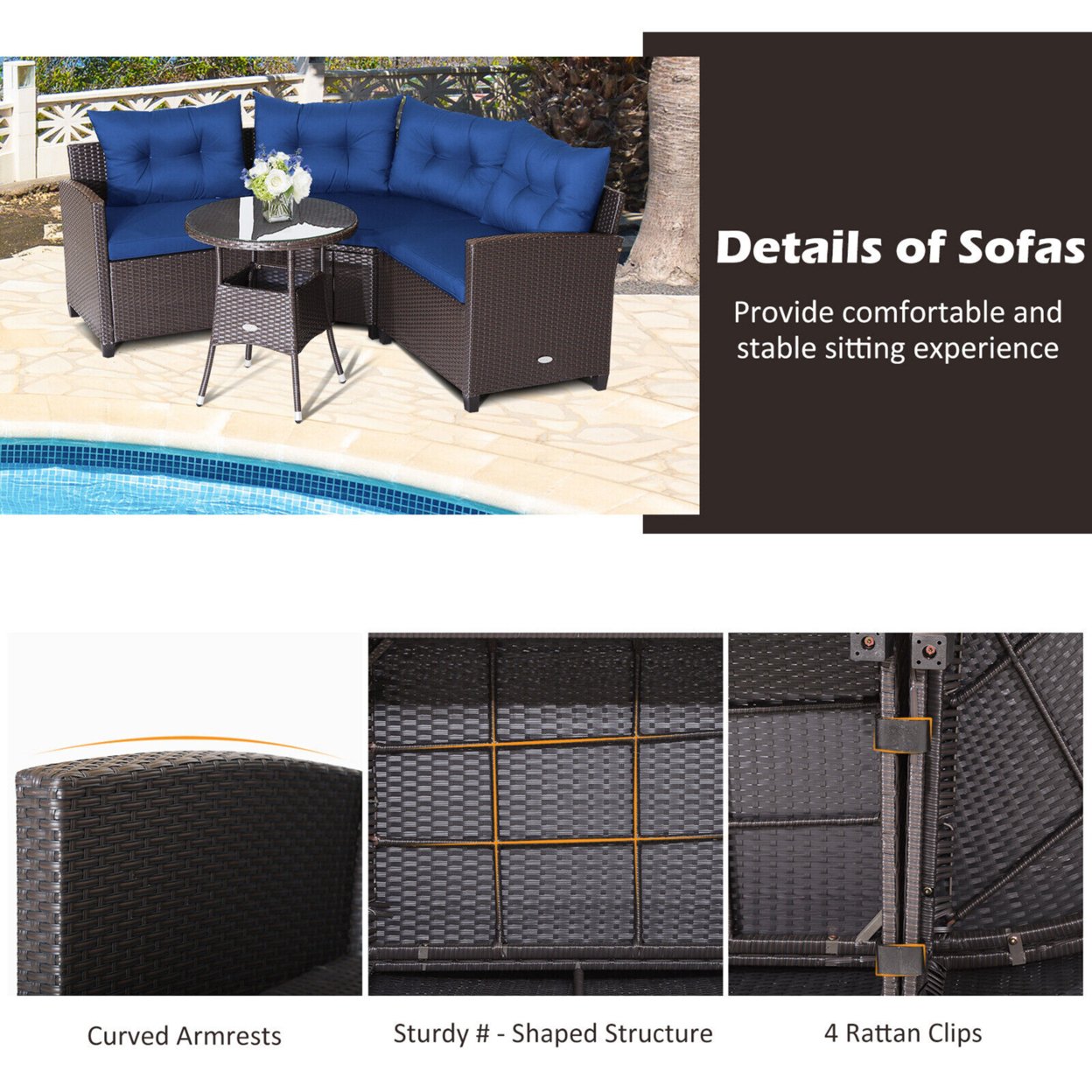 4PCS Wicker Patio Sofa Set Rattan Outdoor Furniture Set W/ Navy Cushions