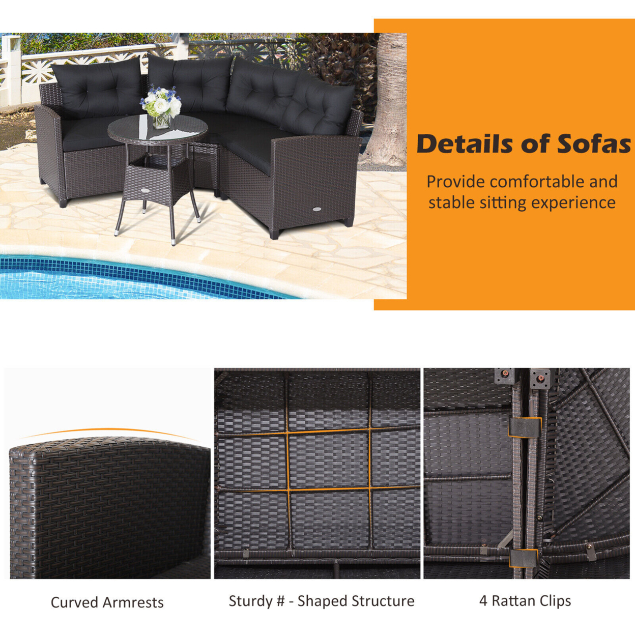4PCS Wicker Patio Sofa Set Rattan Outdoor Furniture Set W/ Black Cushions