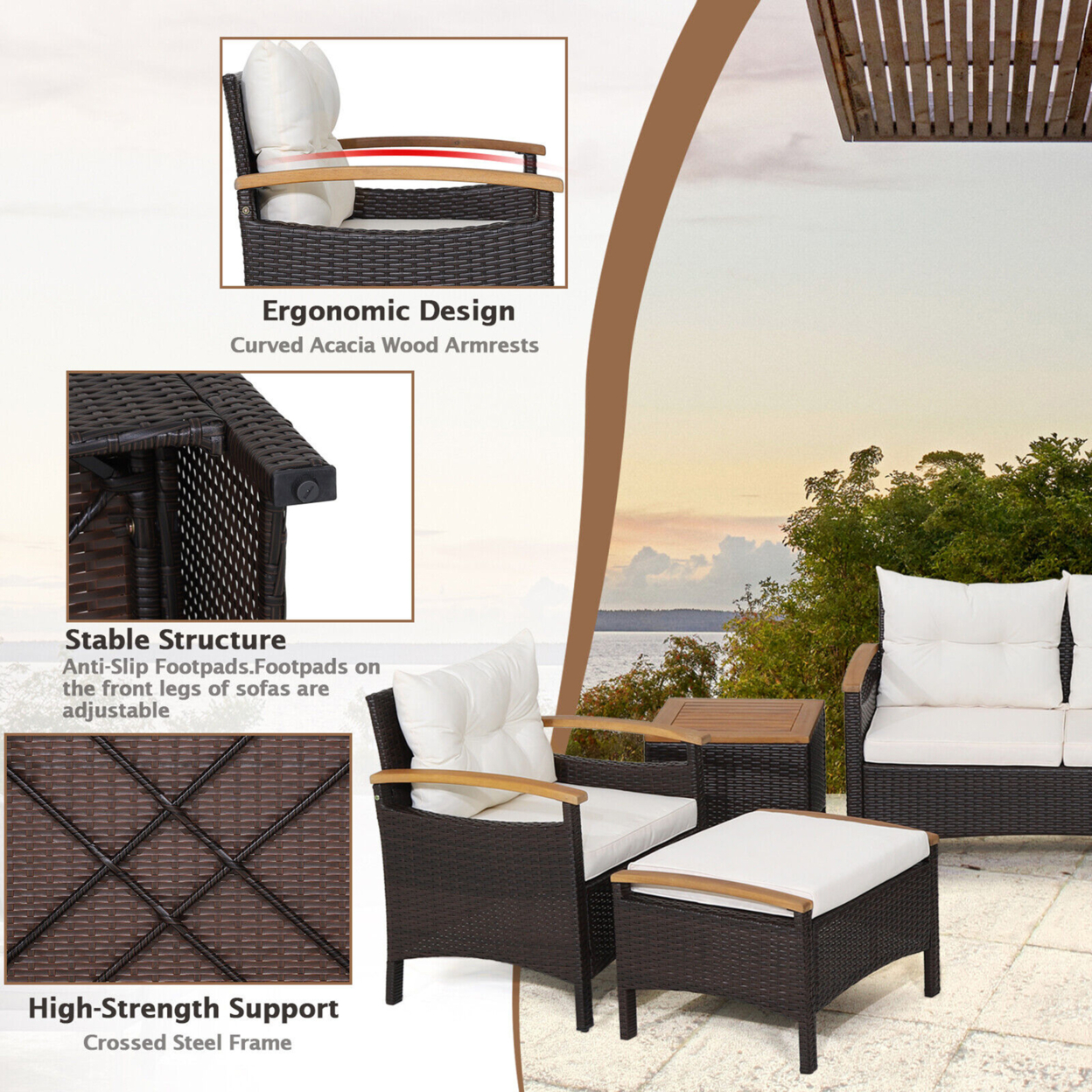 7PCS Rattan Patio Conversation Furniture Set Cushioned Outdoor Wicker Sofa Set