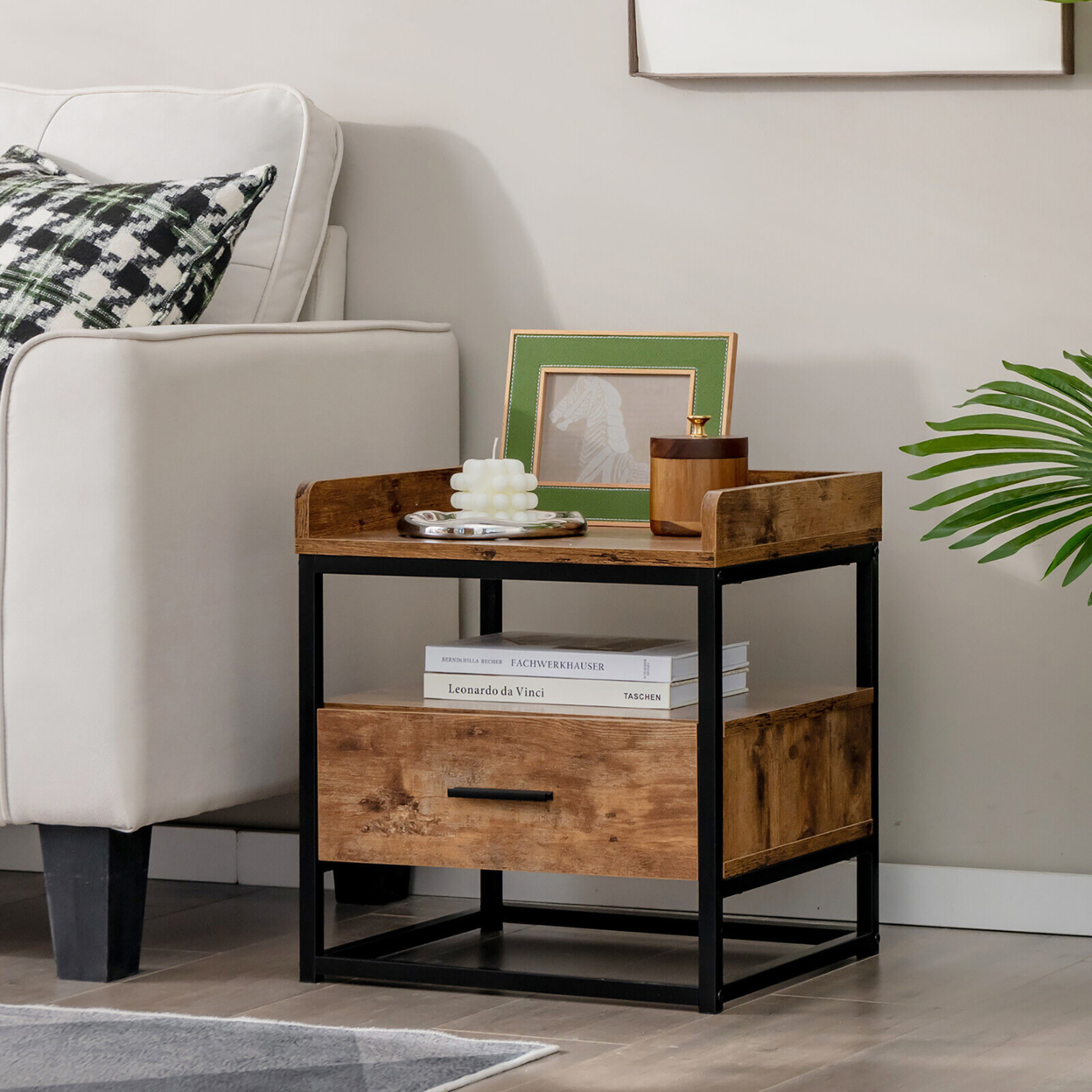 Nightstand Side End Sofa Table W/ Drawer Metal Frame For Living Room Bedroom