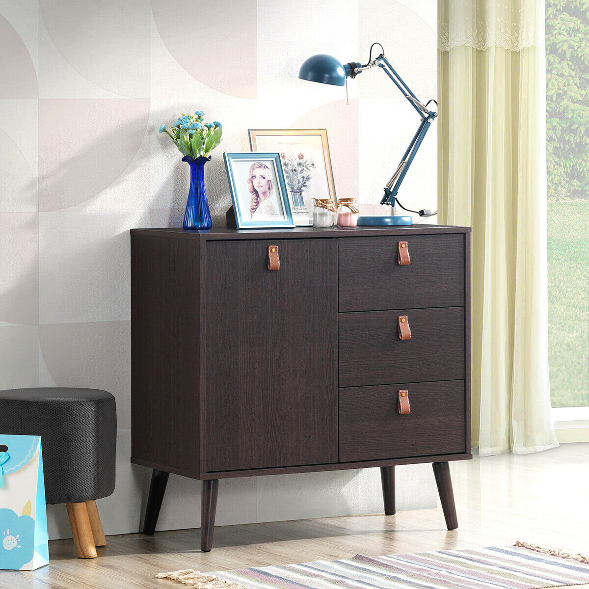 Sideboard Entryway Console Table W/ Display Cabinet Brown Home