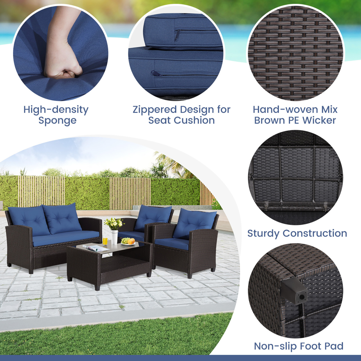 8PCS Outdoor Conversation Set Patio PE Rattan Set W/ Glass Table & Sofa Cushions - Black